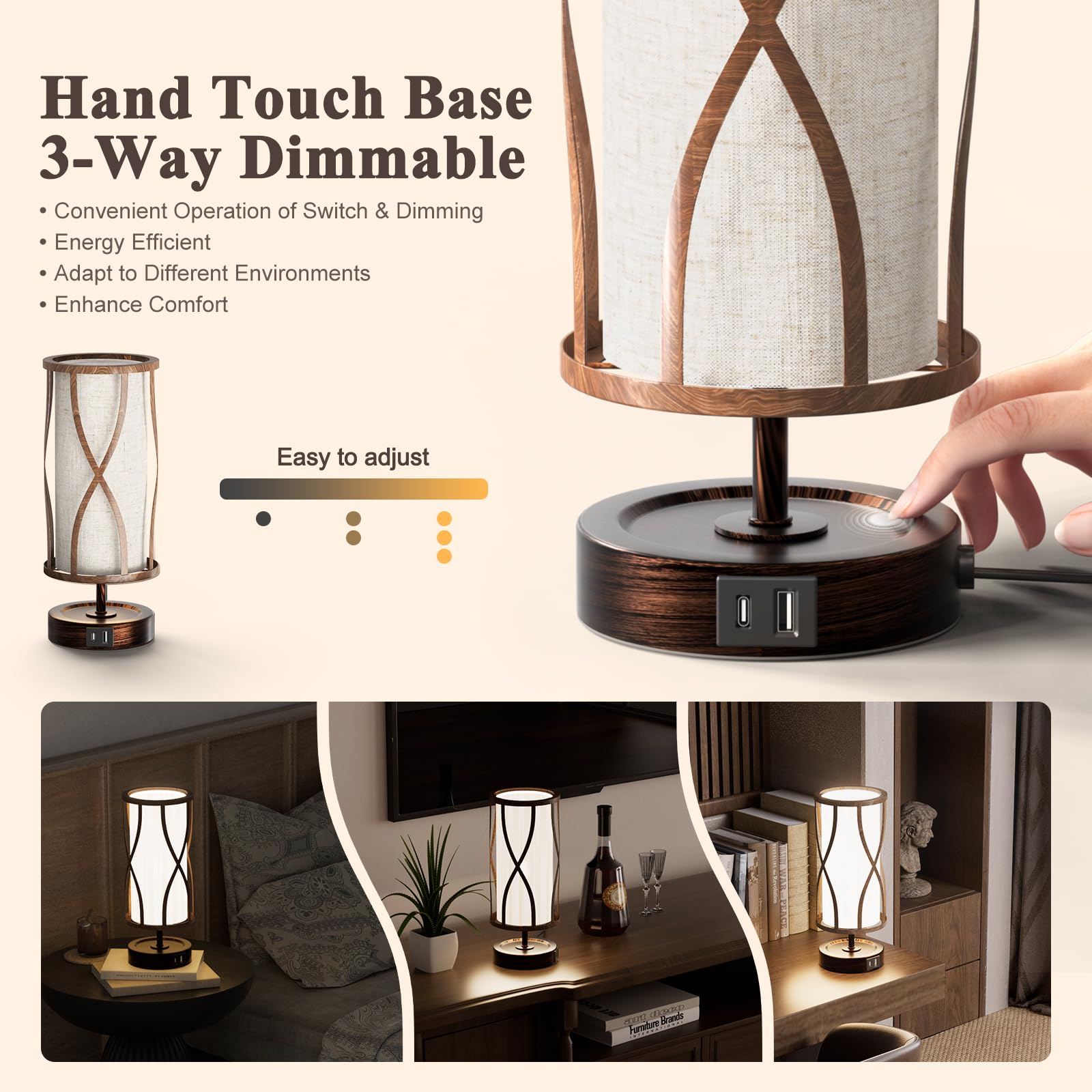 Hymela N10-2 Farmhouse Table Lamp Dimmable Touch Control Plug In Lamps Linen Rustic Desk Lamp Iimitation Wood Metal Base Vintage Nightstand Table Lamp With Usb Port For Bedroom Bedside (Bulb Included)