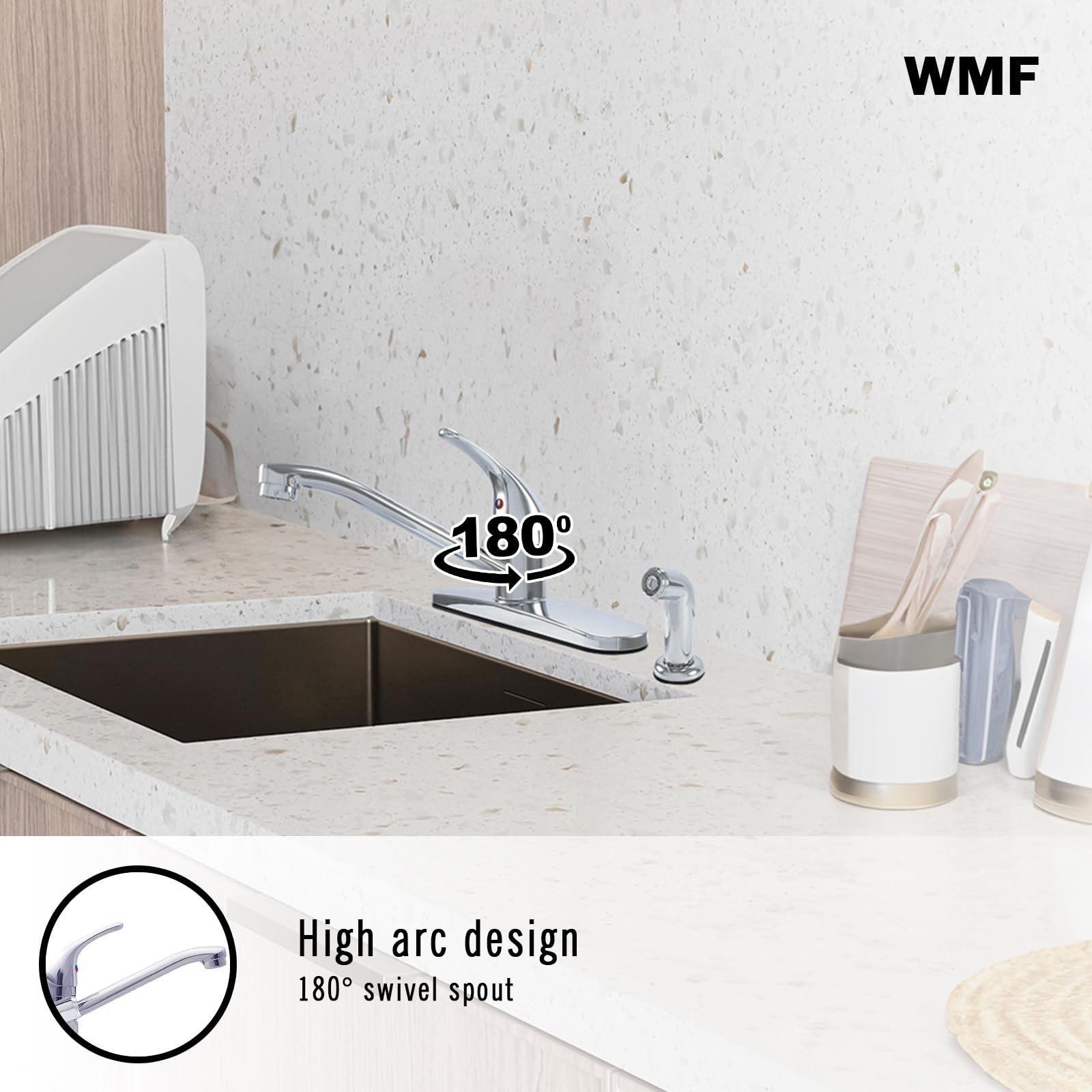 Wmf Wmf-8348Z-Bn Kitchen Sink Faucet With Side Spray, Single Handle Kitchen Faucets, Brushed Nickel, Hybrid Metal Deck, Swivel Faucet