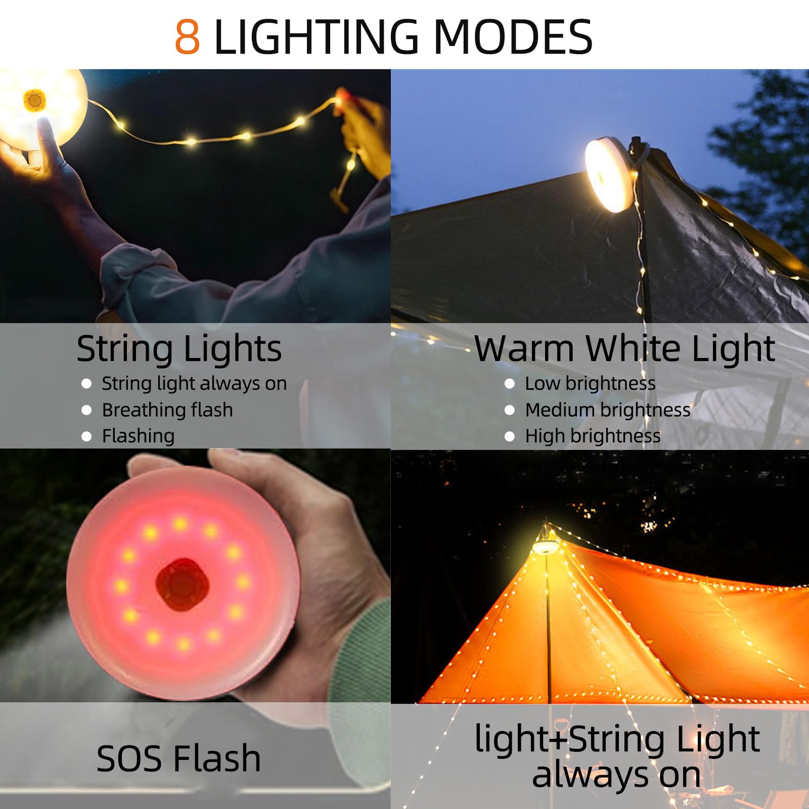 Janhaley Solar Camping String Lights, 39Ft 120Led Stowable String Lights With 8 Lighting Modes, Usb Rechargeable, Ip64 Waterproof Solar String Lights For Outdoor, Indoor, Home, Rv, Garden, Patio, Warm White
