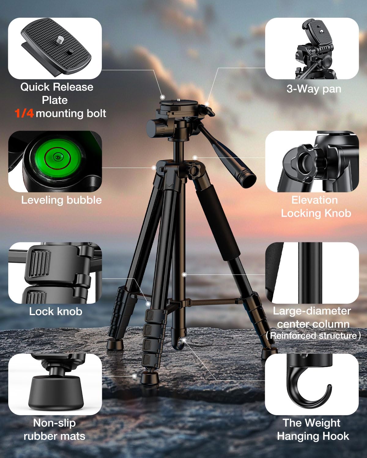 Jobfri 73" Camera Tripod Stand, Aluminum Tripod With Phone Holder, Travel Bag, Compatible With Gopro/Dslr/Cell Phone/Camcorder, Max Load 8.8Lb (Black)