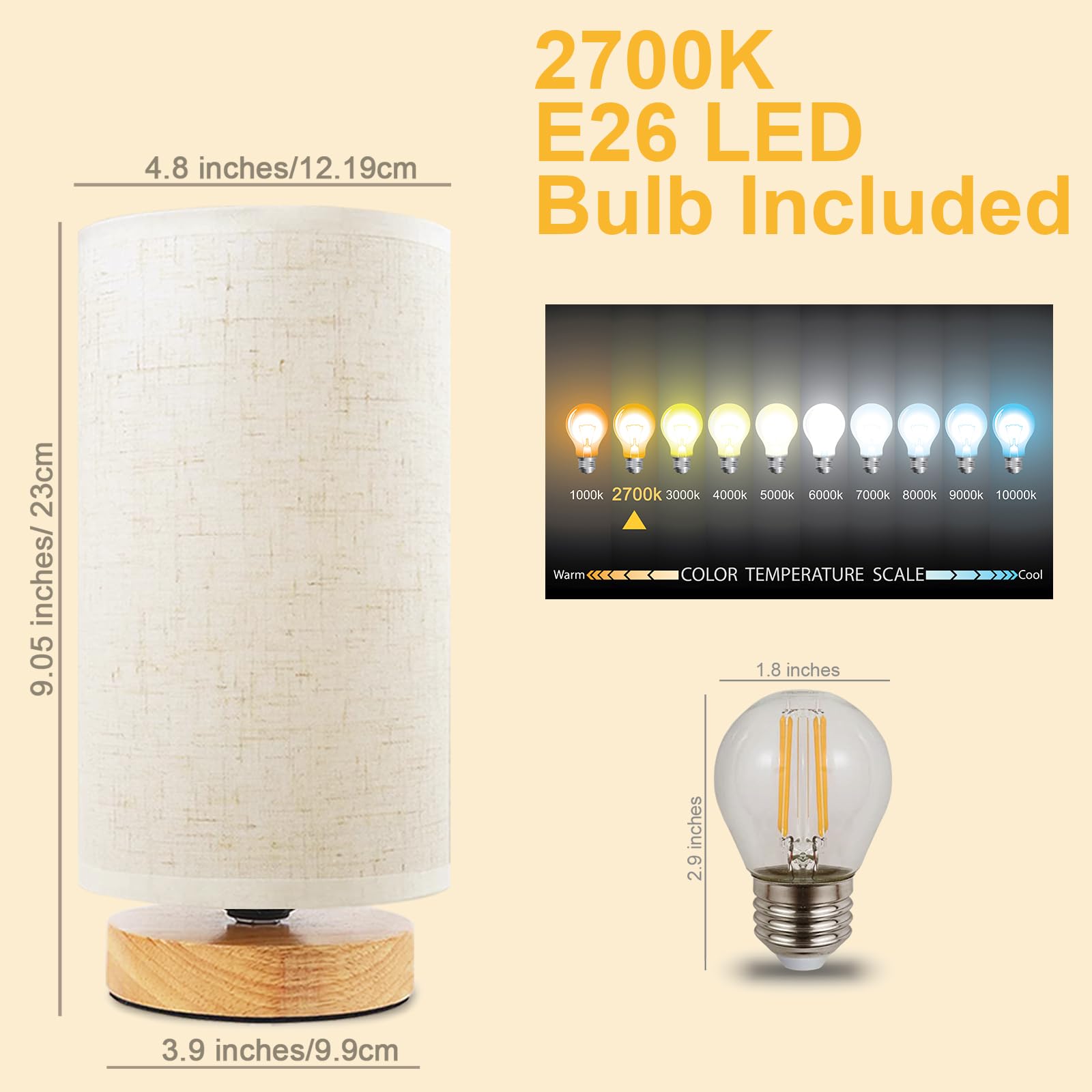 Uchenton Small Bedside Table Lamp For Bedroom, Minimalist Wood Base & Round Fabric Shade, Mini Cute Cozy Warm White Nightstand Boho Lamp, Study Desk Night Stand Light For Room, Dorm, Nursery, Living Room