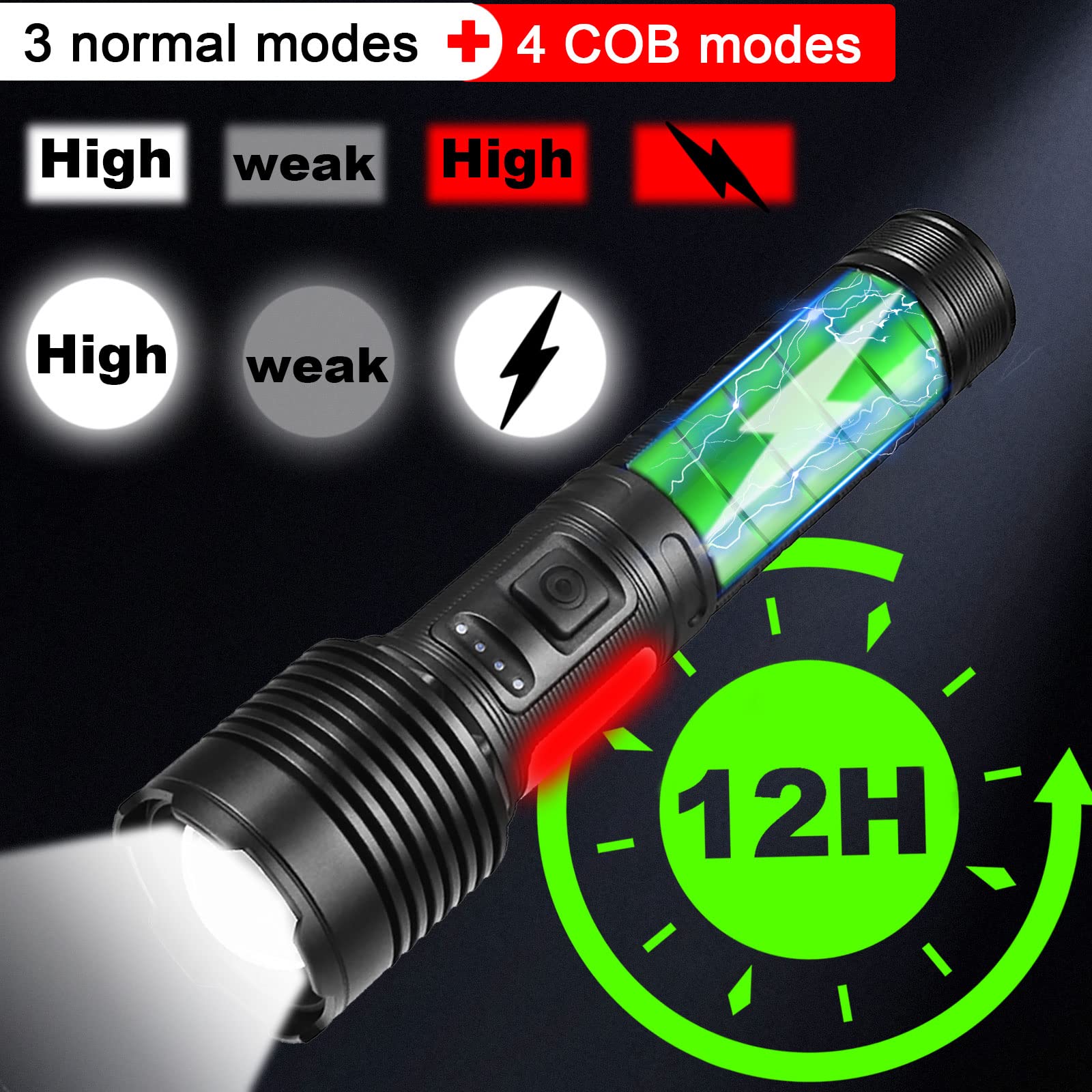 Swanlake Xhp70.2 20000 Lumen Rechargeable Led Flashlight, Black, Battery Powered, Waterproof, 7 Lighting Modes, Usb Rechargeable