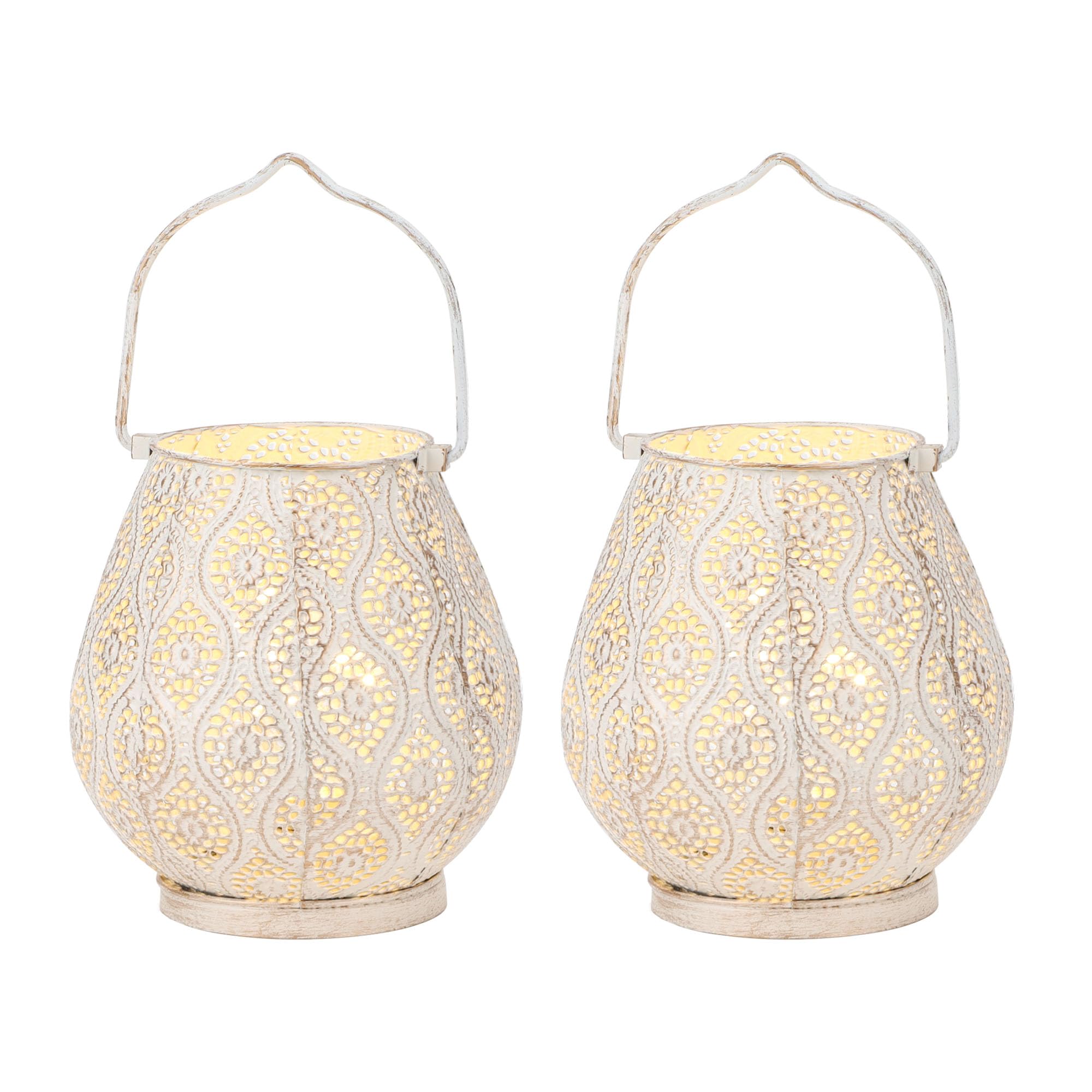 Trirocks Set Of 2 Moroccan Decorative Lamps 8'' High Battery Powered Cordless Lamp Metal Table Lamps With Fairy Lights Bulb For Home Living Room Garden Yard Party Events Tabletop Indoor Outdoor(White)