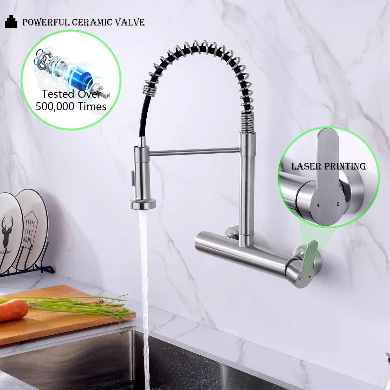Flwueue Wall Mount Faucet 8 Inches Center, With Pull Down Sprayer, High Arc Single Handle Spring Kitchen Sink Faucet, Grifos De Cocina, Brushed Nickel