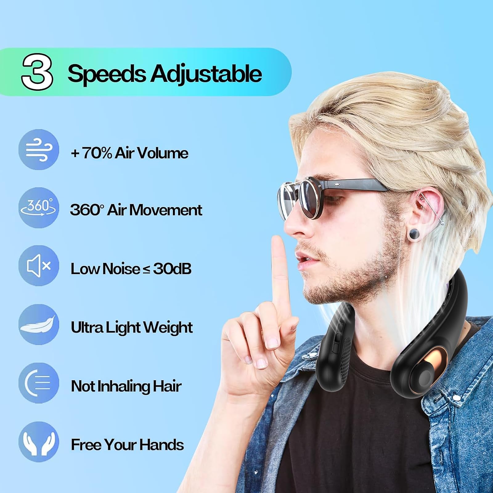 Kidee Neck Fan, Portable Bladeless Neck Fans, 360° Airflow, Super Quiet, 3 Speeds, 4000Mah