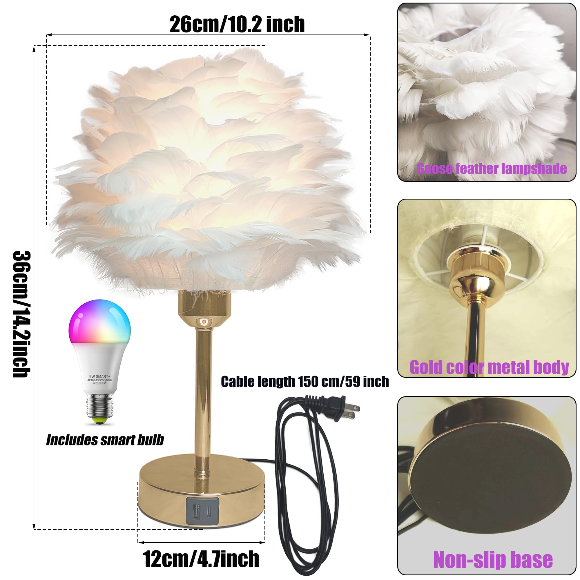 Kyfgdla Touch Bedside Table Lamp With Stylish White Feather Lamp Shade And E26 Smart Light Bulbs, Usb C+A Ports, Rgb+Cct, Compatible With Alexa Google Assistant, 9W,800Lm, For Her/Girls Room, Rose Gold