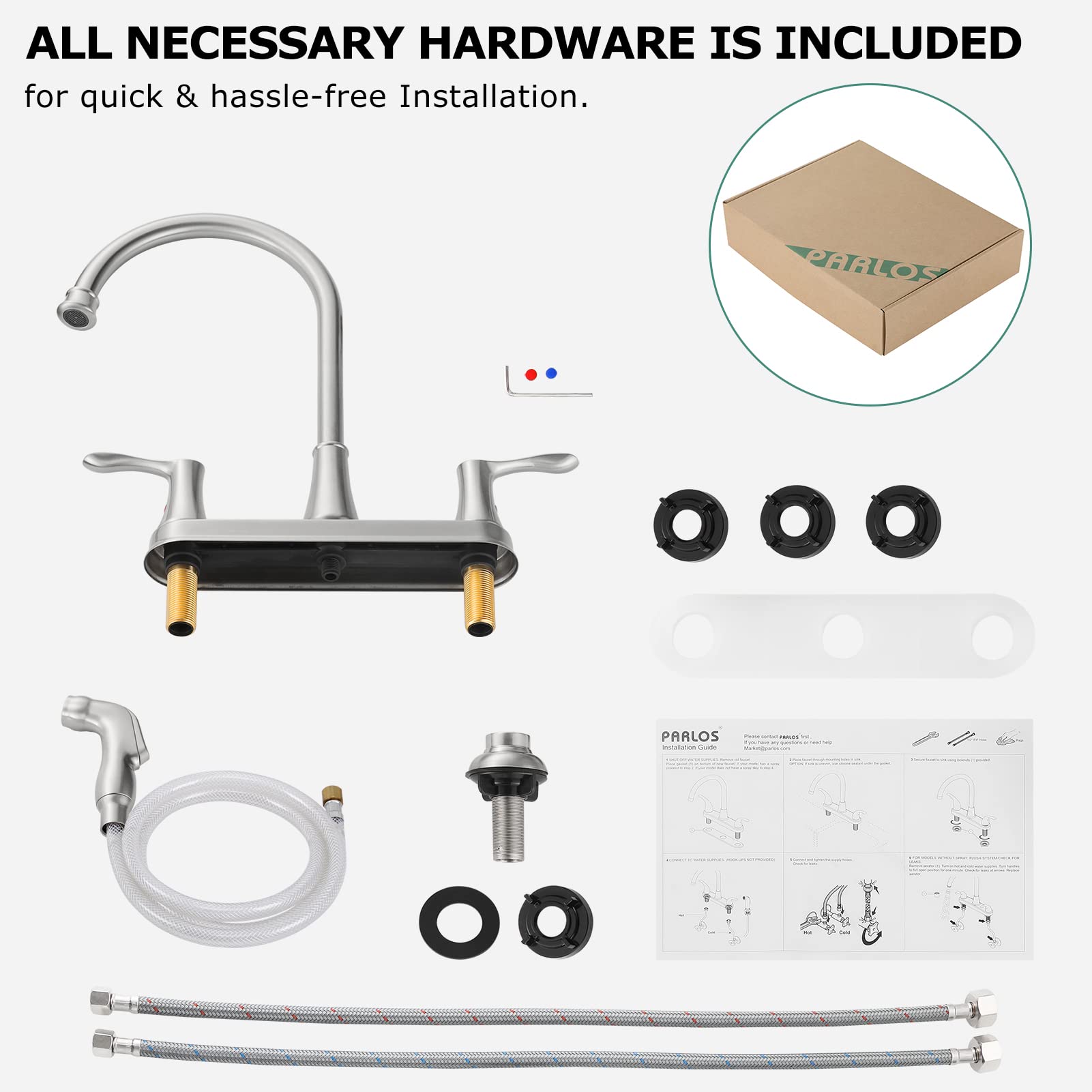 Parlos 8 Inch Two Handles High Arch Kitchen Sink Faucet With Side Sprayer & Supply Lines, Brushed Nickel, Demeter 14138
