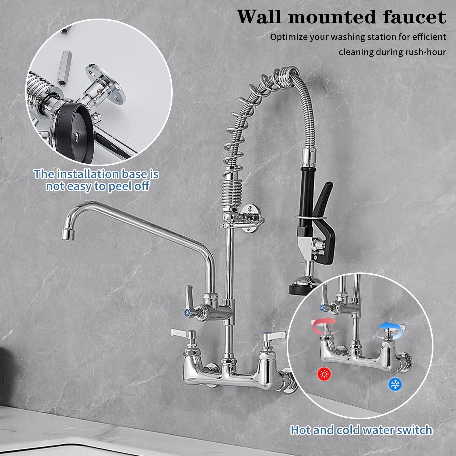 Bathfinesse Commercial Kitchen Faucet, Wall Mount Faucet, Commercial Faucet With Sprayer, 8'' Center 3 Compartment Sink Faucet With 12'' Swing Spout, Chrome