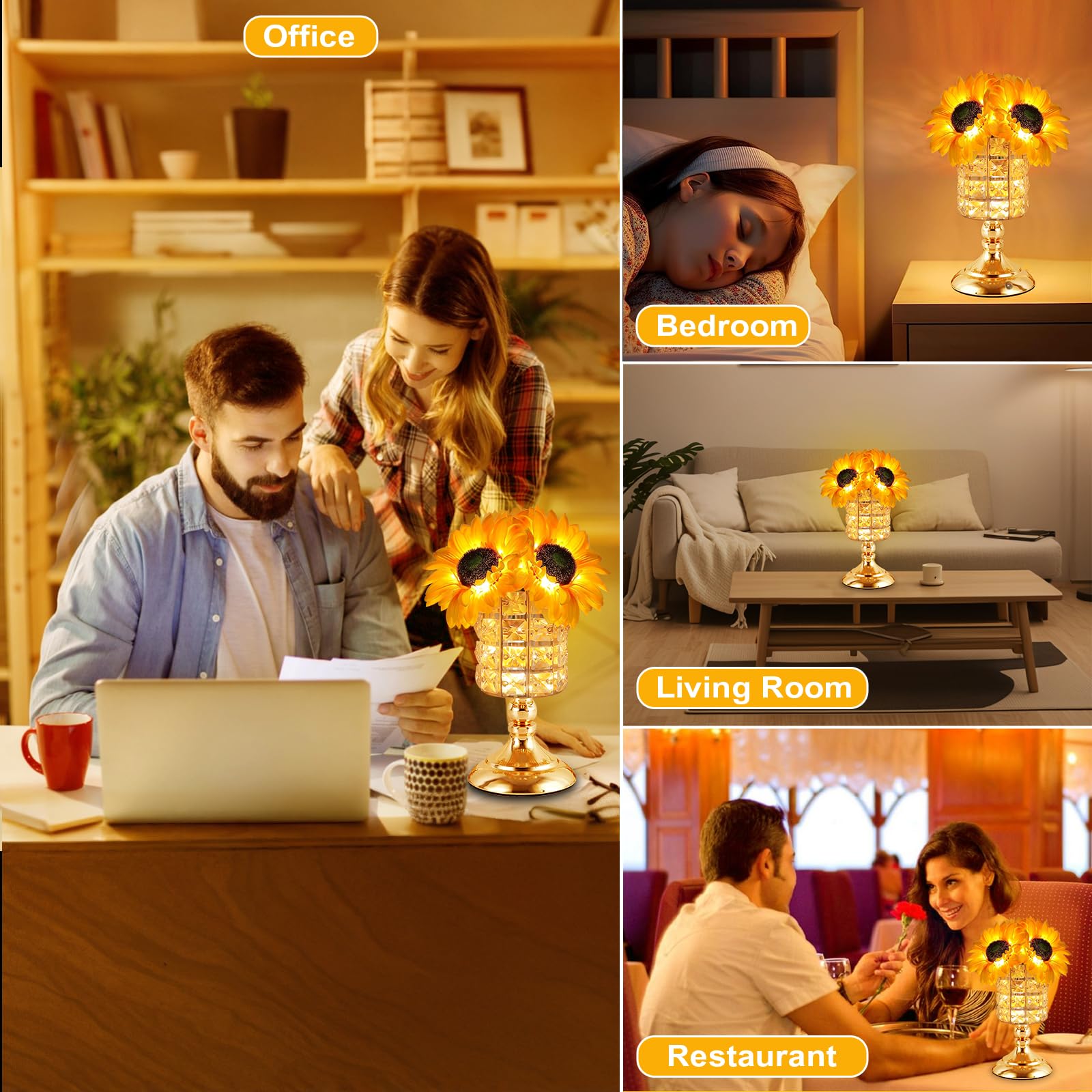 Tynled Sunflower Lamp,Portability Rechargeable Touch Table Lamp,10+ Hours Runtime&3-Colour Infinitely Dimming Sunflower Crystal Table Lamp,Eye Care Small Night Light For Bedside Lamp, For Women