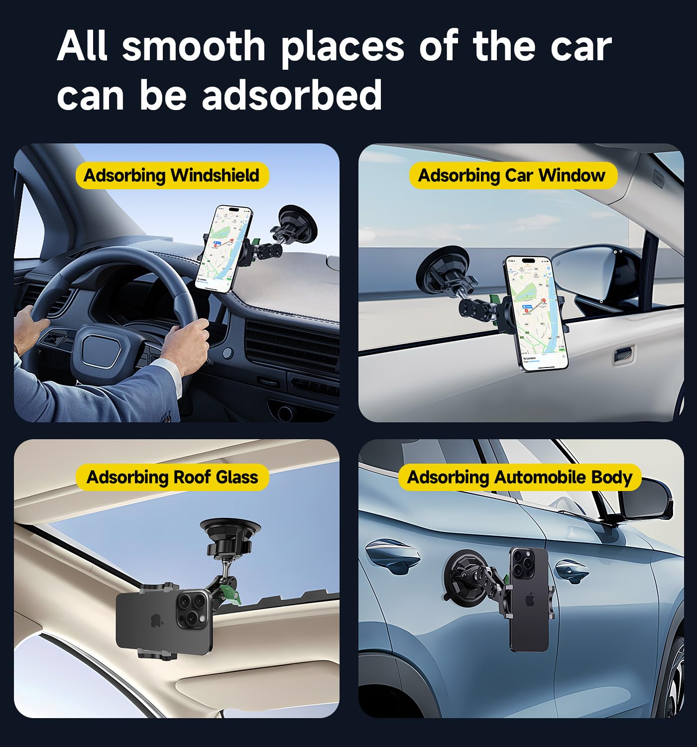 Magic John Car Phone Holder, Ultra-Durable Mteal Phone Holders For Your Car, 360° Rotation Cell Phone Car Mount For Windshield, Suction Cup Car Phone Mount For Iphone Samsung All Smartphone
