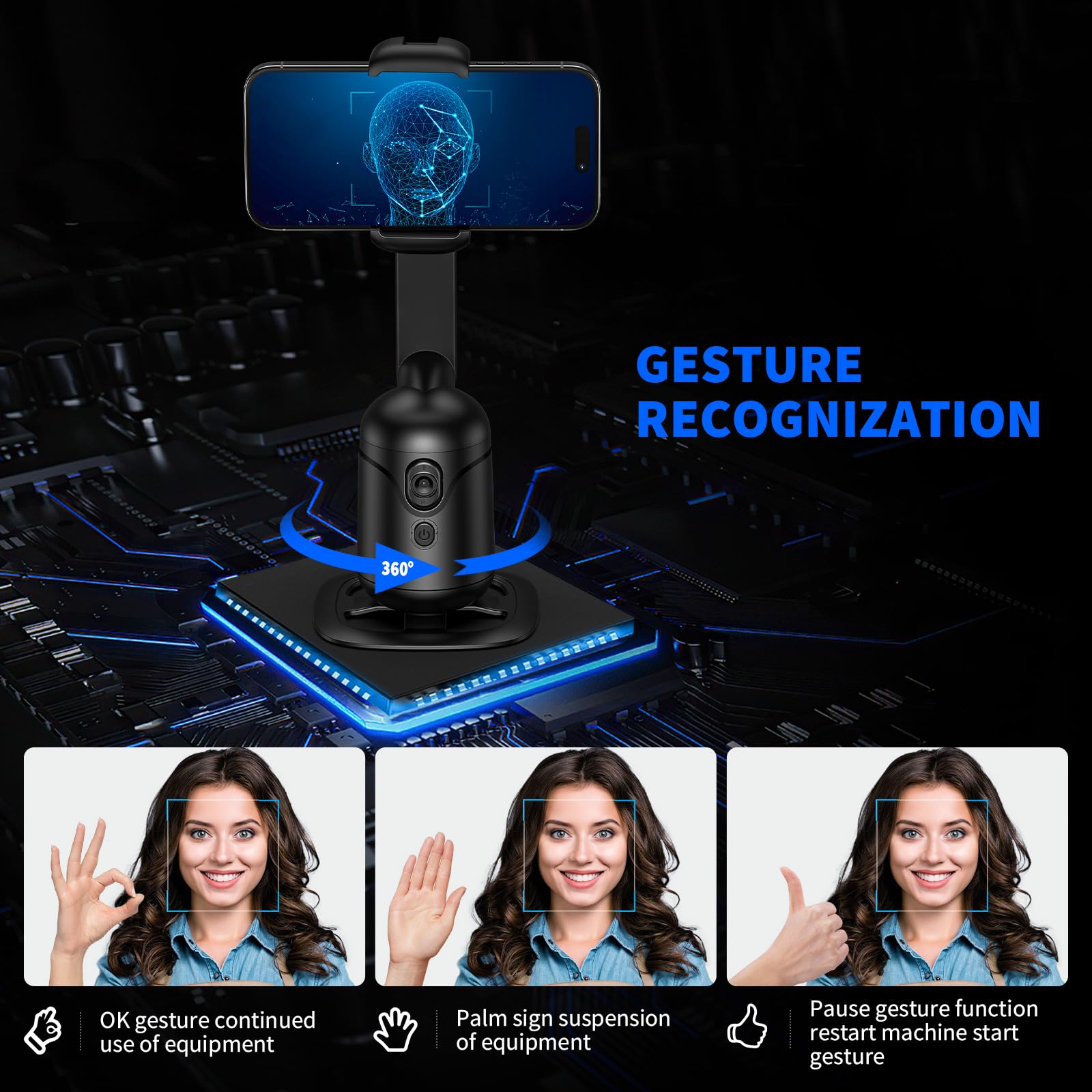 Camolo Auto Face Tracking Tripod 360 Rotation With Remote,No App,Auto Tracking Phone Holder Moving Tripod For Vlog,Shooting Video,Tiktok(Black Foldable)