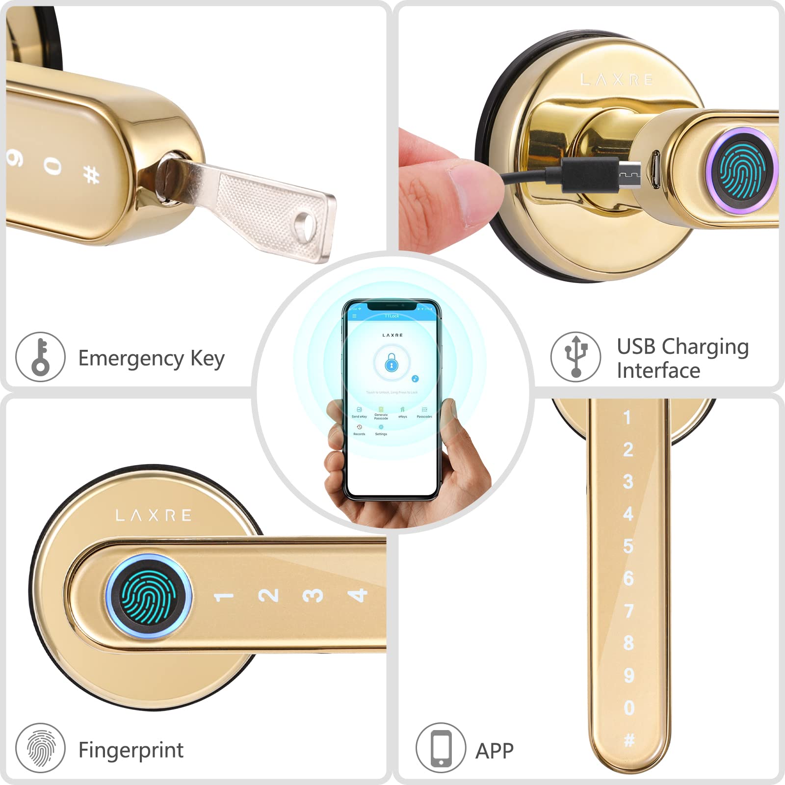 Laxre 4-In-1 Keyless Entry Smart Lock, Fingerprint + Code + Mechanical Keys + Bluetooth