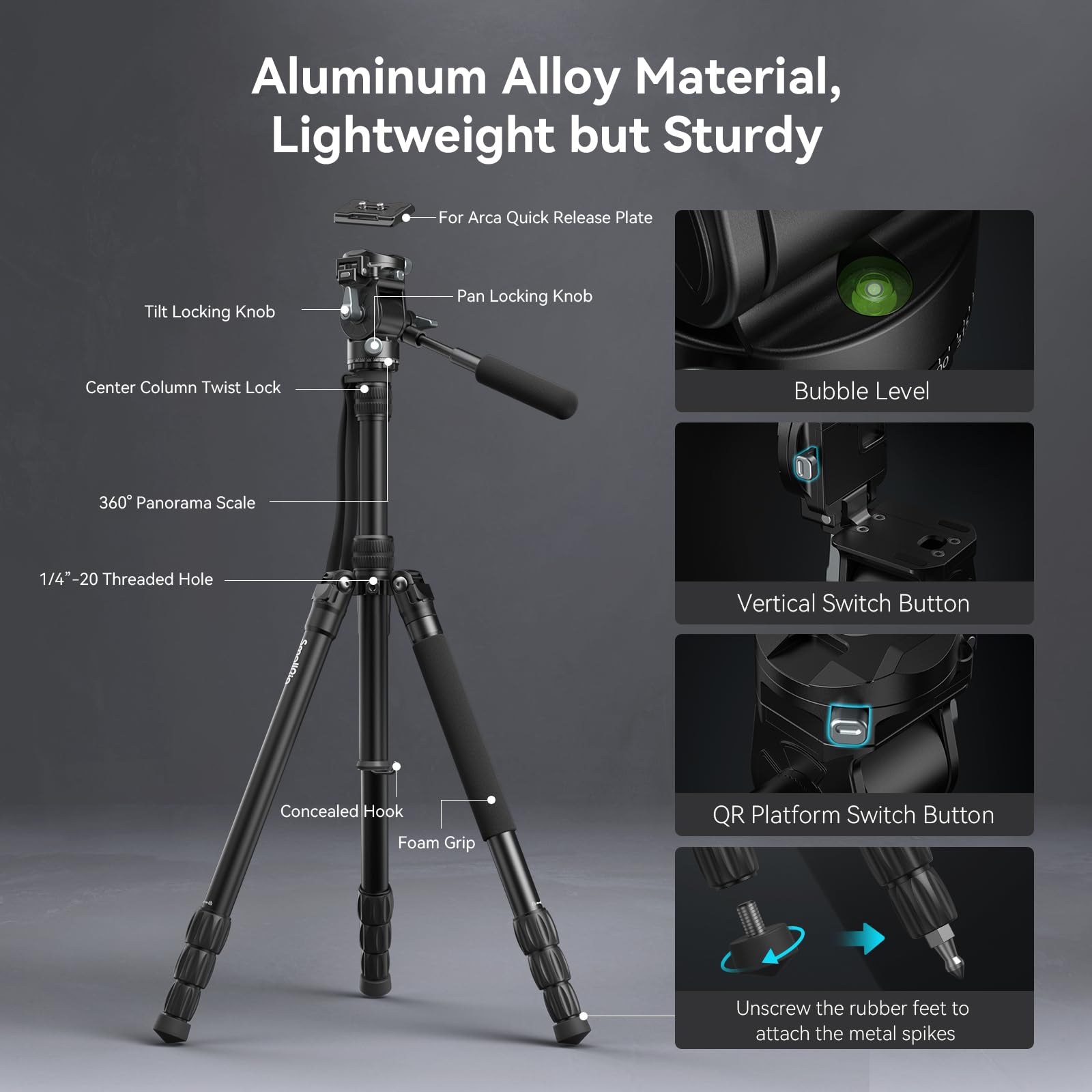 Smallrig Ct195 Video Tripod Kit, 73" Camera Tripod With Pan Tilt Fluid Head For Vertical/Horizontal Shooting, Max Load 15Kg / 33Ibs For Camcorder, Mirrorless, Dslr - 4307
