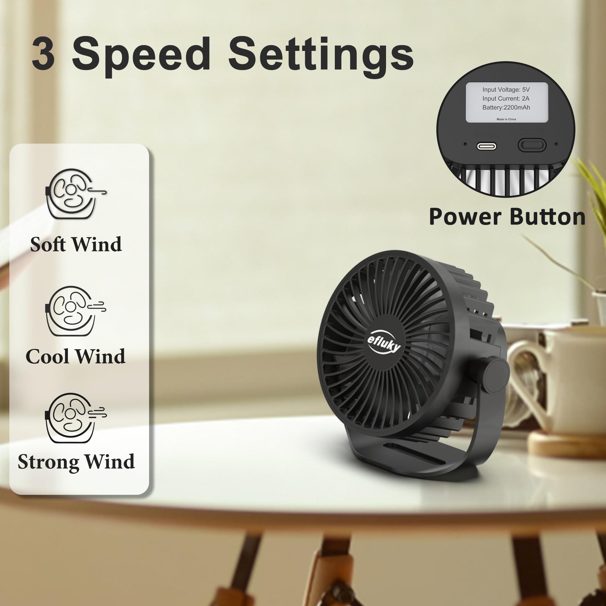 Efluky Usb Small Desk Fan, 3 Speeds Usb Rechargeable Fan Built-In Battery, 360° Adjustment Portable