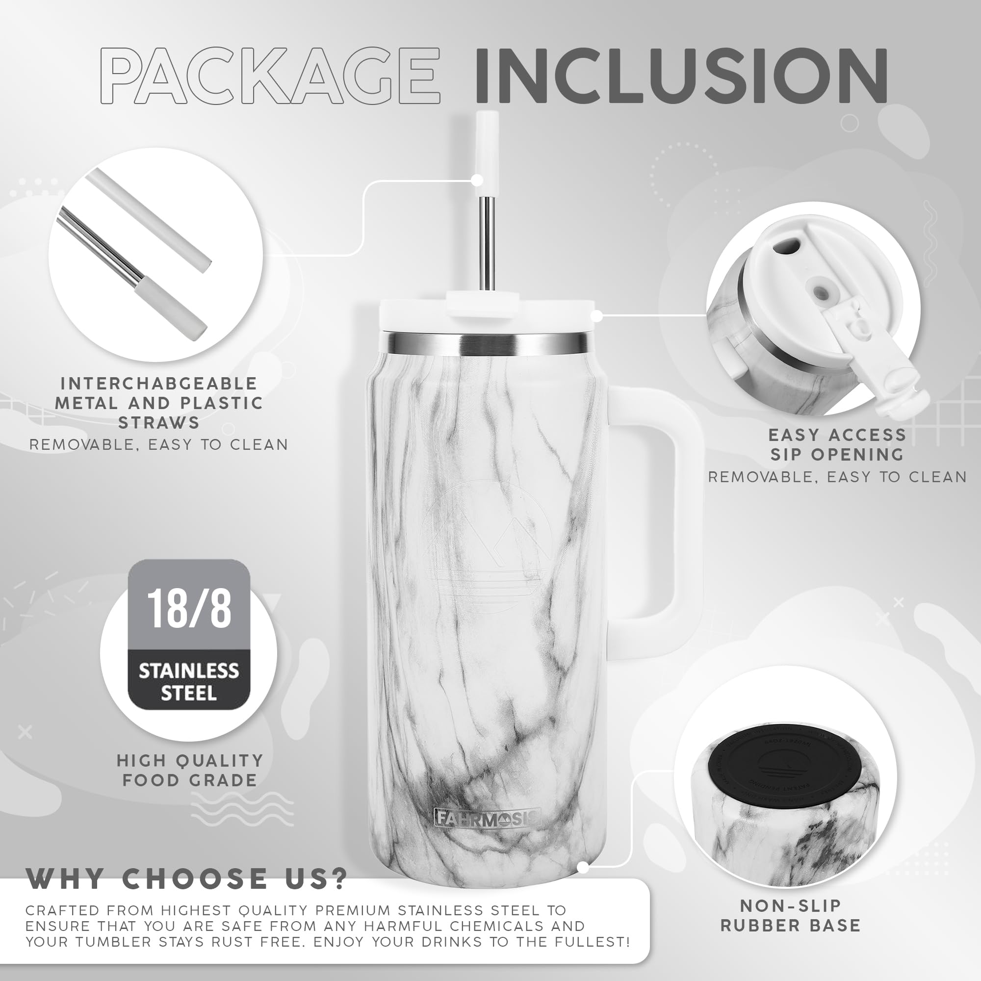 64 Oz Tumbler With Handle And Straw Half Gallon Water Bottle Stainless Steel Travel Mug
