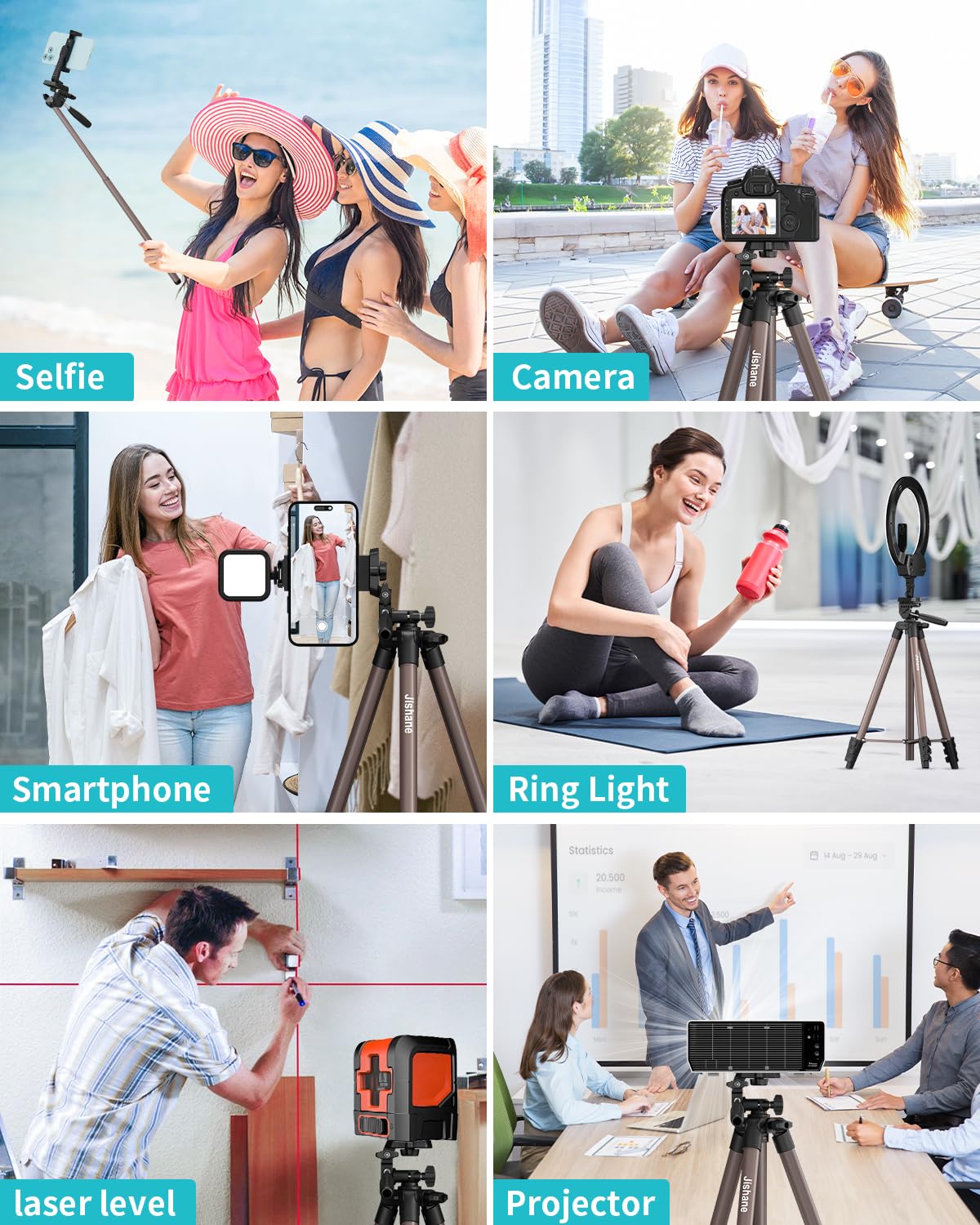 Jishane 71" Camera Tripod, Lightweight Aluminum Phone Tripod With Wireless Remote, Phone Holder & Carry Bag, Portable Travel Camera Stand For Smartphones Canon Nikon Dslr Cameras, Max Load 6.6 Lb (Brown)