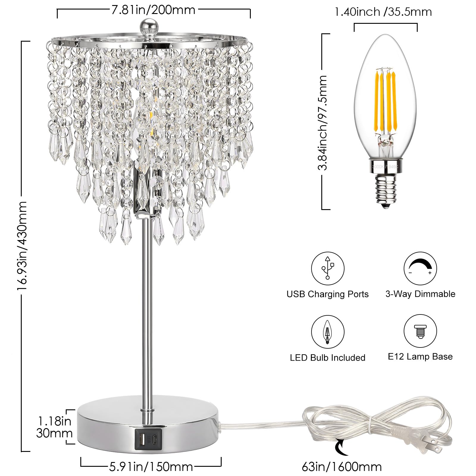 Seaside Village Touch Control Crystal Table Lamp With Usb C+A Charging Ports, 3-Way Dimmable Bedside Touch Lamp Decorative Nightstand Lamp With Elegant Lamp Shade For Living Room Bedroom, B11 Led Bulb Included