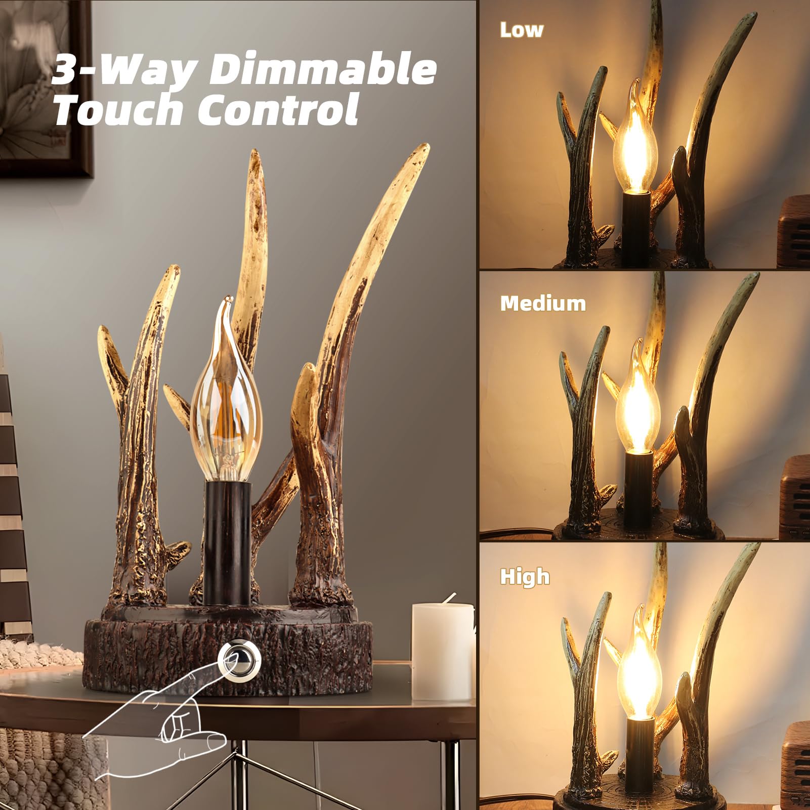 Lovlast Rustic Antler Table Lamp, 3-Way Dimmable Touch Lamp By - Farmhouse Cabin And Living Room Light, Perfect For Small Spaces And Christmas Decor