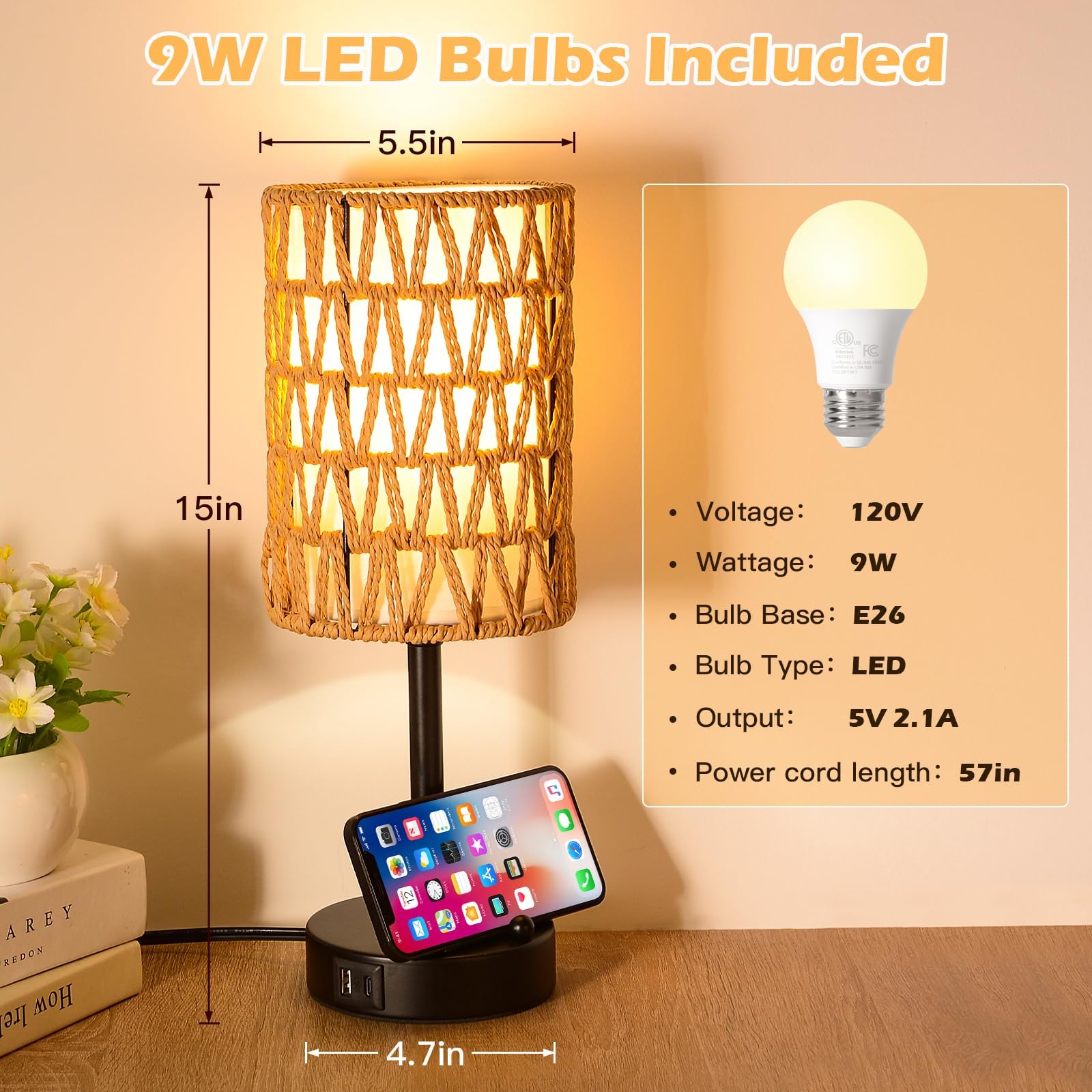 Plomixius Rattan Table Lamps For Living Room, 3 Way Dimmable Touch Lamps, Small Bedside Lamps With Led Bulbs, Phone Stand, Usb Ports And Ac Outlet, Boho Nightstand Lamp For Kids Room, Bedroom, Office (2 Pack)