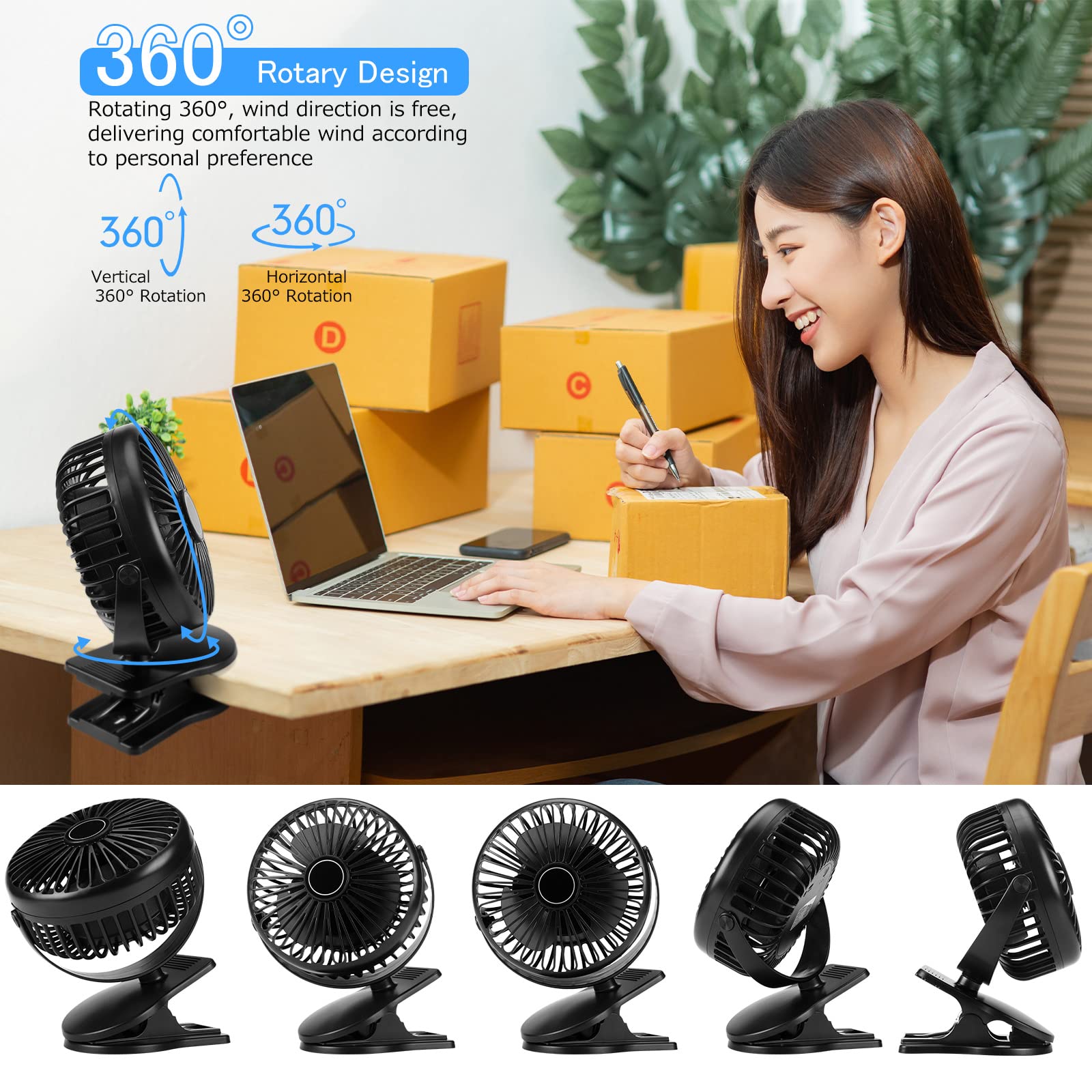 Aogeli 5000mAh rechargeable mini fan with 3 speeds, clip-on design for bedside or desk cooling