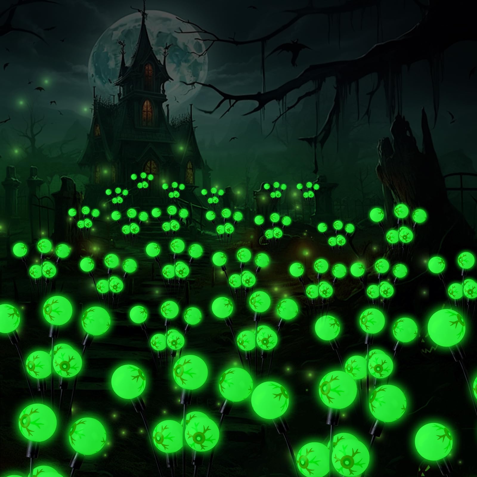 Mououso Solar Halloween Lights，2 Pack Green Halloween Eyeball Lights Outdoor, Solar Firefly Lights Swaying By Wind With 2 Modes Halloween Pathway Lights For Patio Yard Garden Halloween Decorations