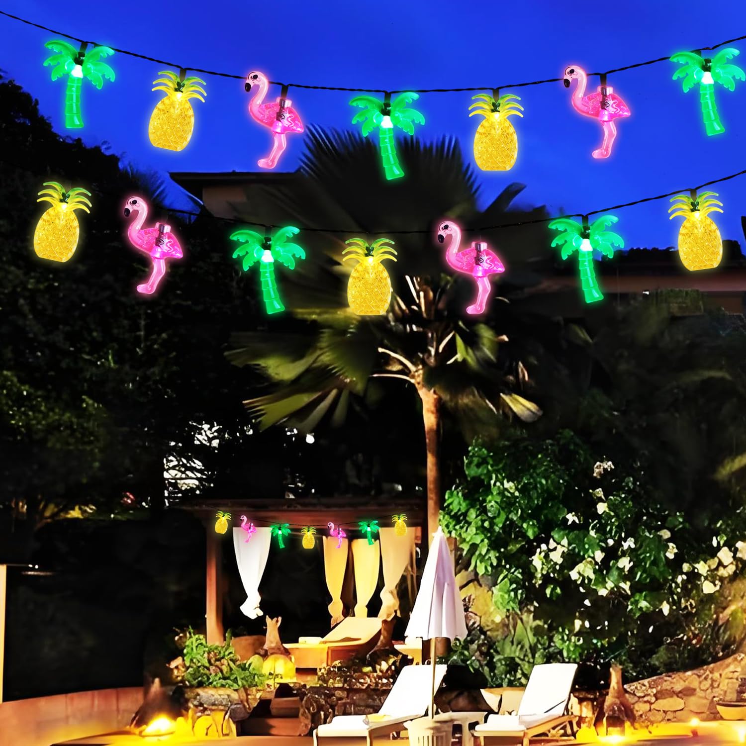 Curyidy Summer Tropical Party Decorations Hawaiian String Lights, 30Led Flamingo Pineapple Palm Tree Solar String Lights Outdoor, Beach Themed For Pool, Love Island, Luau Party Decor