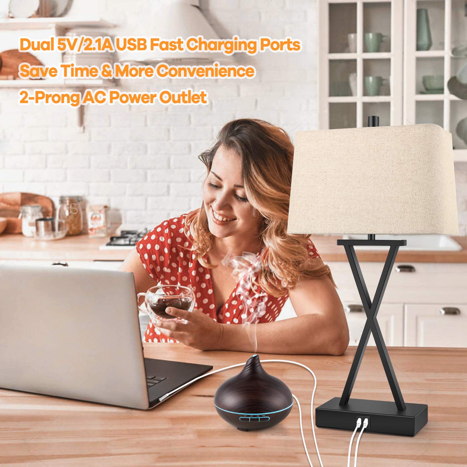 Bosceos Set Of 2 Touch Control 3-Way Dimmable Table Lamp Modern Nightstand Lamp With 2 Usb Port Bedside Desk Lamp With Fabric Shade For Living Room Bedroom Hotel, Cream, Bulbs Included