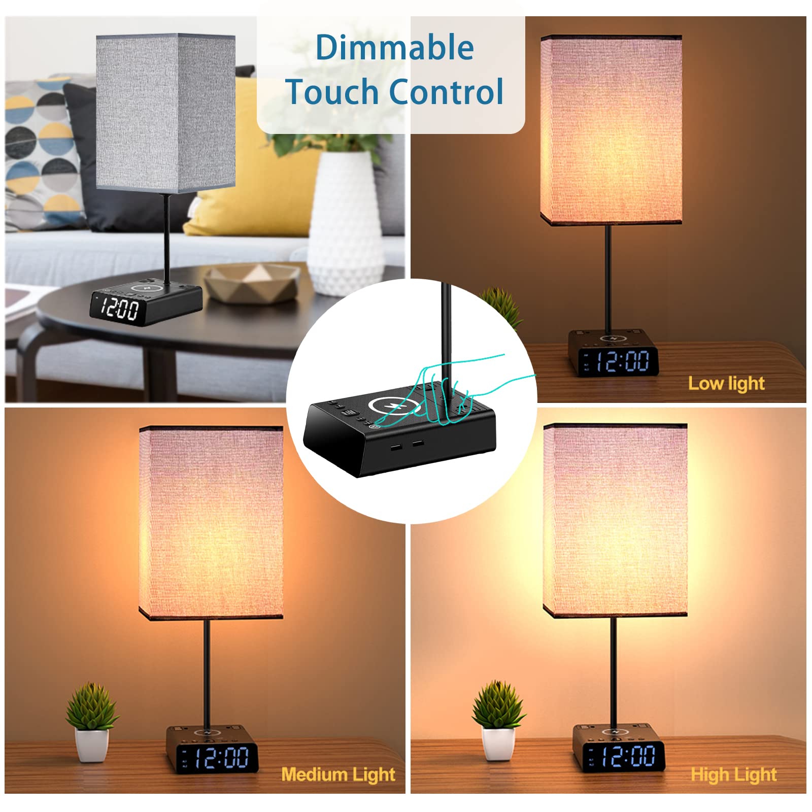 Mindore Bedside Lamp With Usb Ports & Ac Outlets, 15W Wireless Charger Table Lamp With Clock, 3 Way Dimmable Nightstand Lamps For Bedroom Living Room,Touch Lamp With Charging Station,Grey Shade & Black Base