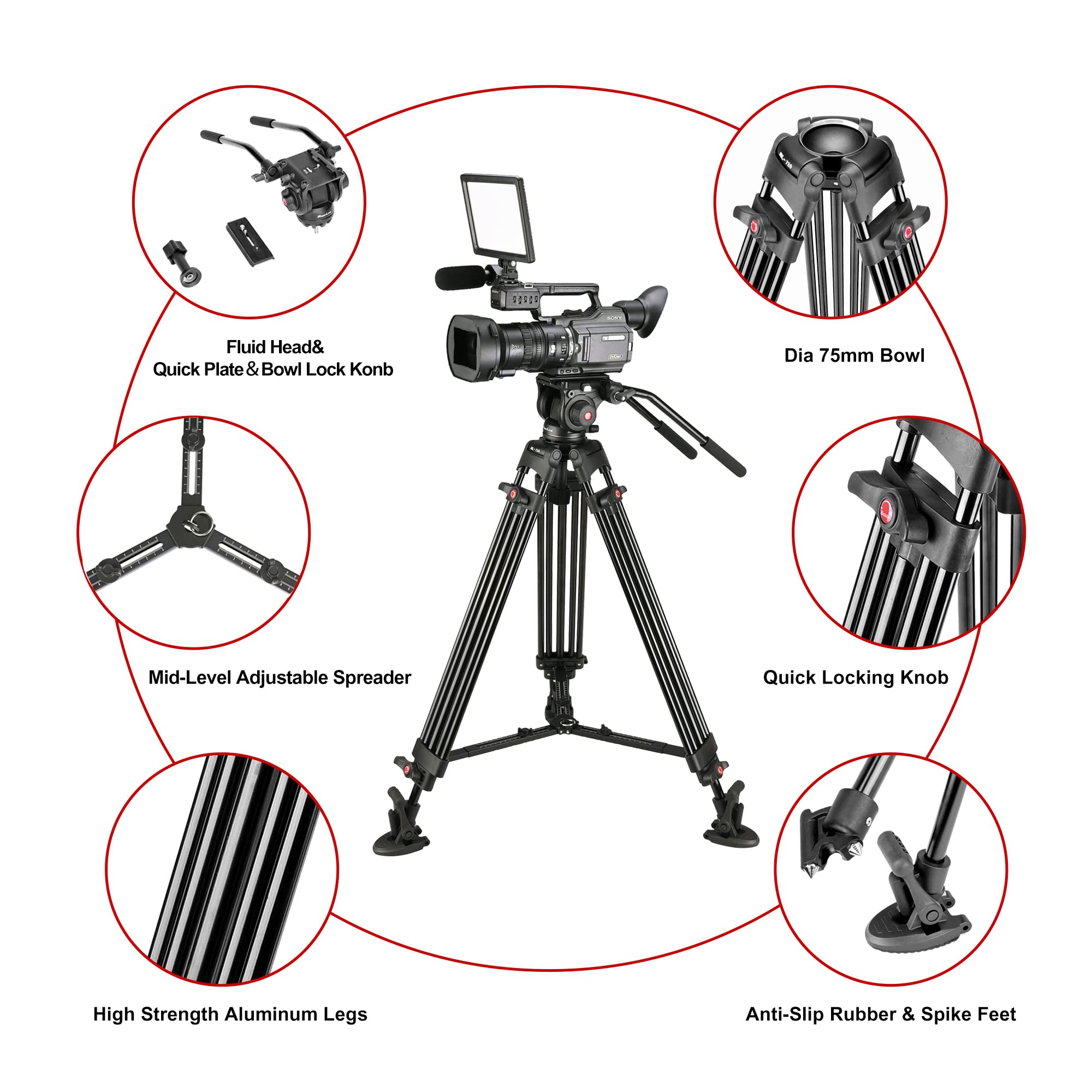 Magicline 65.7 Inch Heavy Duty Aluminum Video Camera Tripod With Fluid Head, 2 Pan Bar Handles, Adjustable Mid-Level Spreader，Qr Plate, Max Load 26.5 Lb For Canon Nikon Sony Dslr Camcorder Cameras