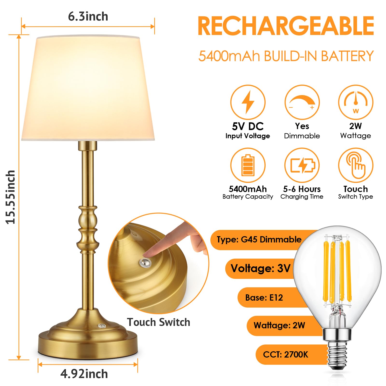 Ggoying Set Of 2 Rechargeable Cordless Led Table Lamps, 4-Level Dimmer, Bronze Portable Desk Lamps With White Fabric Shades, Night Light For Dining, Bedroom And Patio