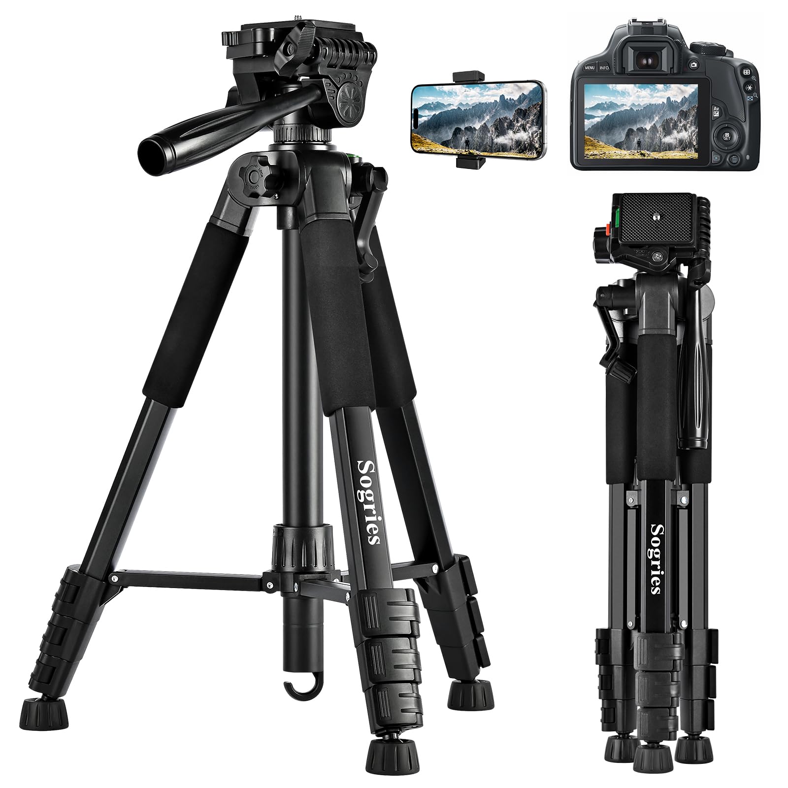 Sogries Tripod-60”Camera Tripod,Porfessional Aluminum Lightweight Travel Outdoor Tripods For Camera/Dslr/Cell Phone/Camcorder/Binoculars/Microscope