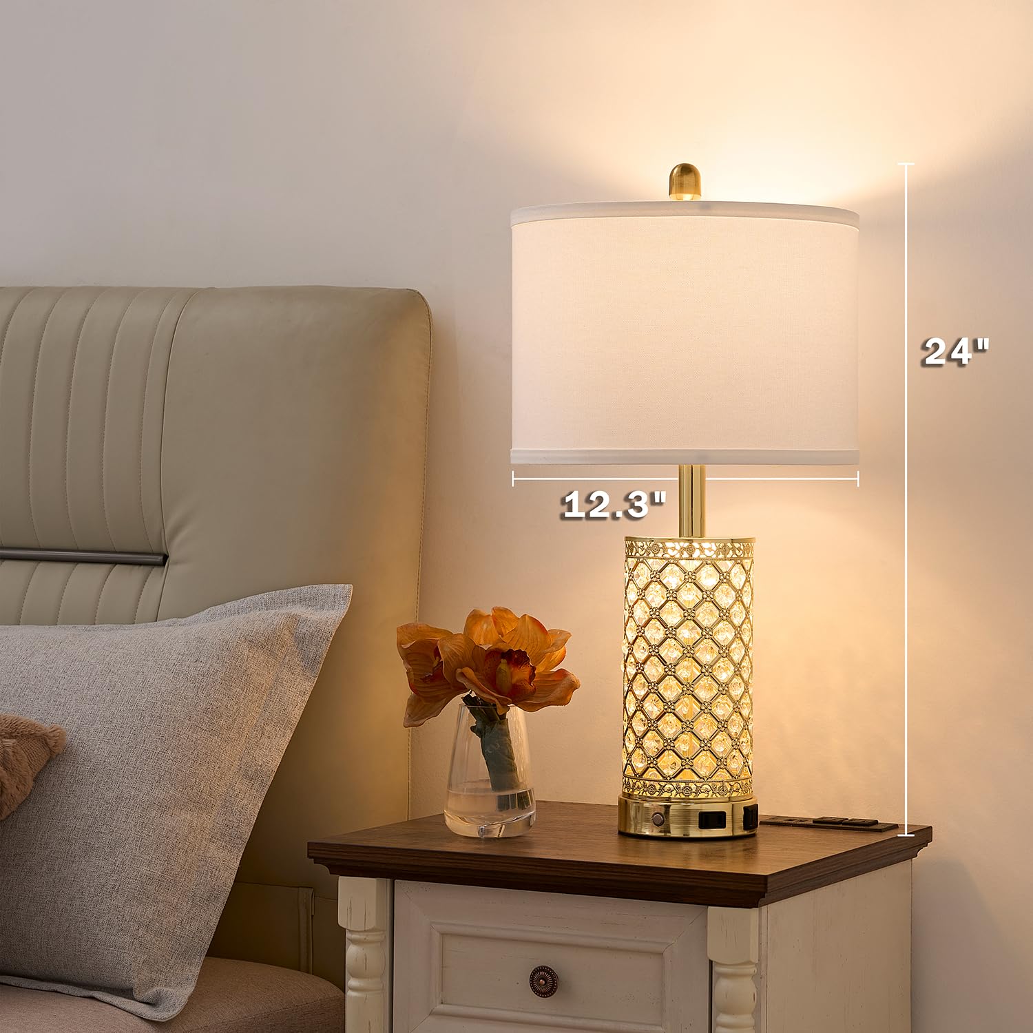 Saiweya 24" Modern Crystal Table Lamp Set Of 2-Gold Bedroom Lamps 3-Way Dimmable Touch Lamp With Night Light, 2 Usb Ports + Ac Outlet Bedside Night Stand Lamp For Living Room Office (Gold-2 Pack)