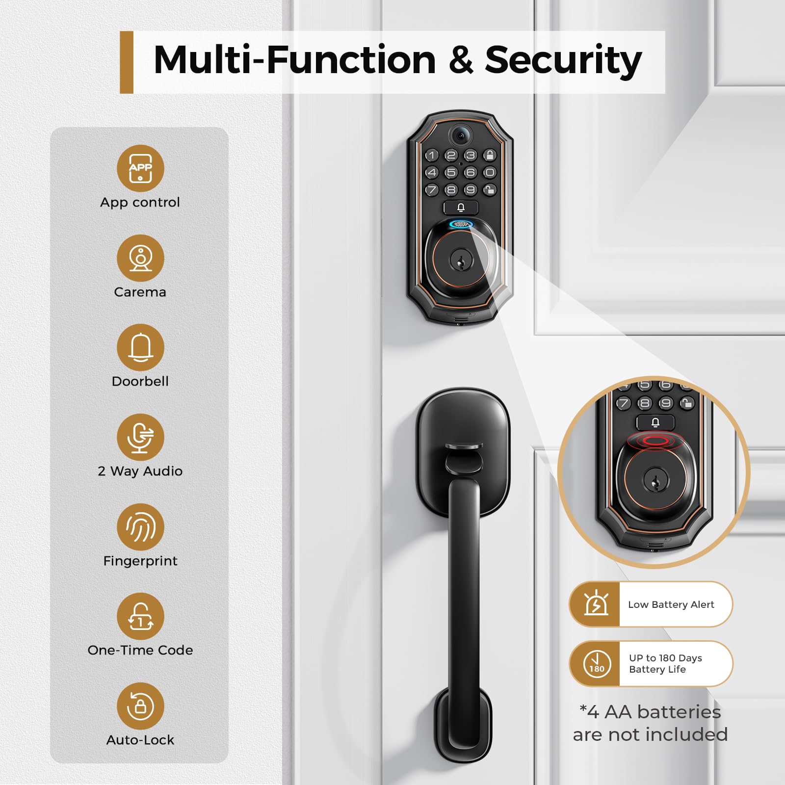 Arpha Keyless Entry Deadbolt With Handle Set - Wifi Smart Lock With Camera, 5-In-1 Camera+Doorbell+Fingerprint+Keypad, App Control, Auto Lock, Easy Install, Waterproof For Front Door