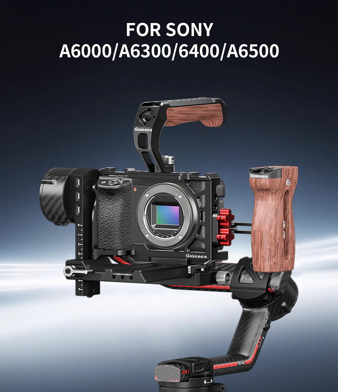 Linscaco Cage For Sony A6400/A6300/A6000/A6100, Video Stabilizer With 1/4"-20 & 3/8"-16 Threaded Holes, Arca-Swiss Compatible, Cold Shoe Mount, Aluminum Build