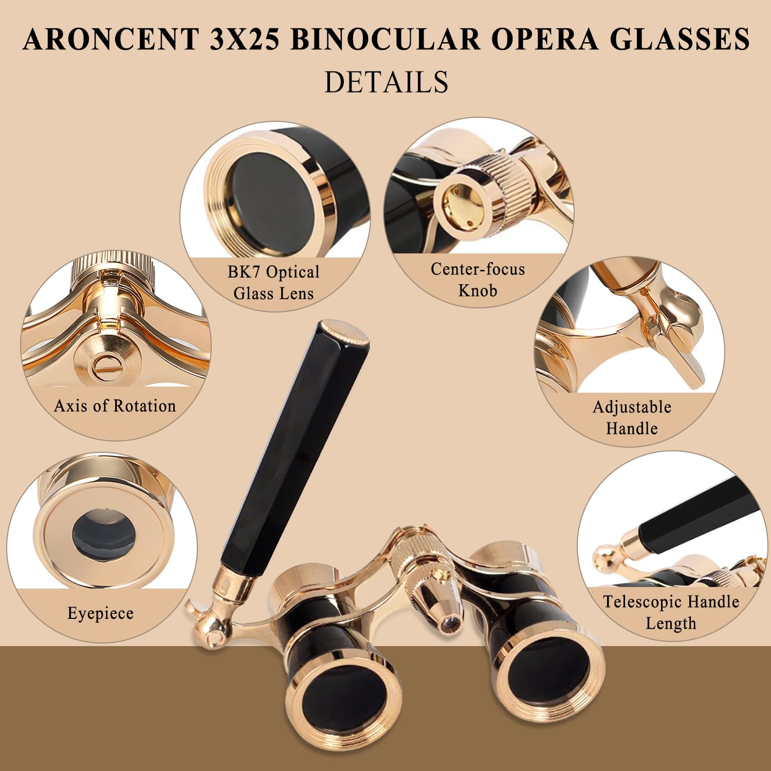 Aroncent Opera Glasses Binoculars 3X25 Compact With Adjustable Handle Theater Glasses, Mini Binocular For Adults Men Women In Opera Musical Concert(Black)