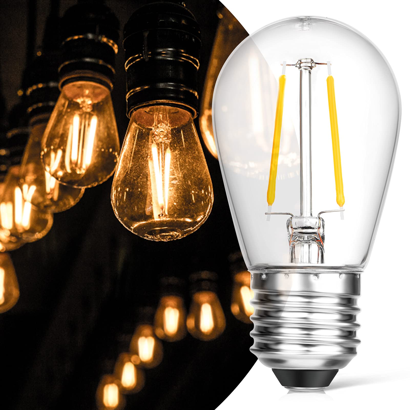 Ecovania  Ip65 Waterproof Outdoor String Light Bulbs, 2W Led S14 Replacement Shatterproof Plastic Edison Light Bulbs, 130V E26 Medium Base, 2200K Warm White, 11 Watt Equivalent, Clear, 15 Pack