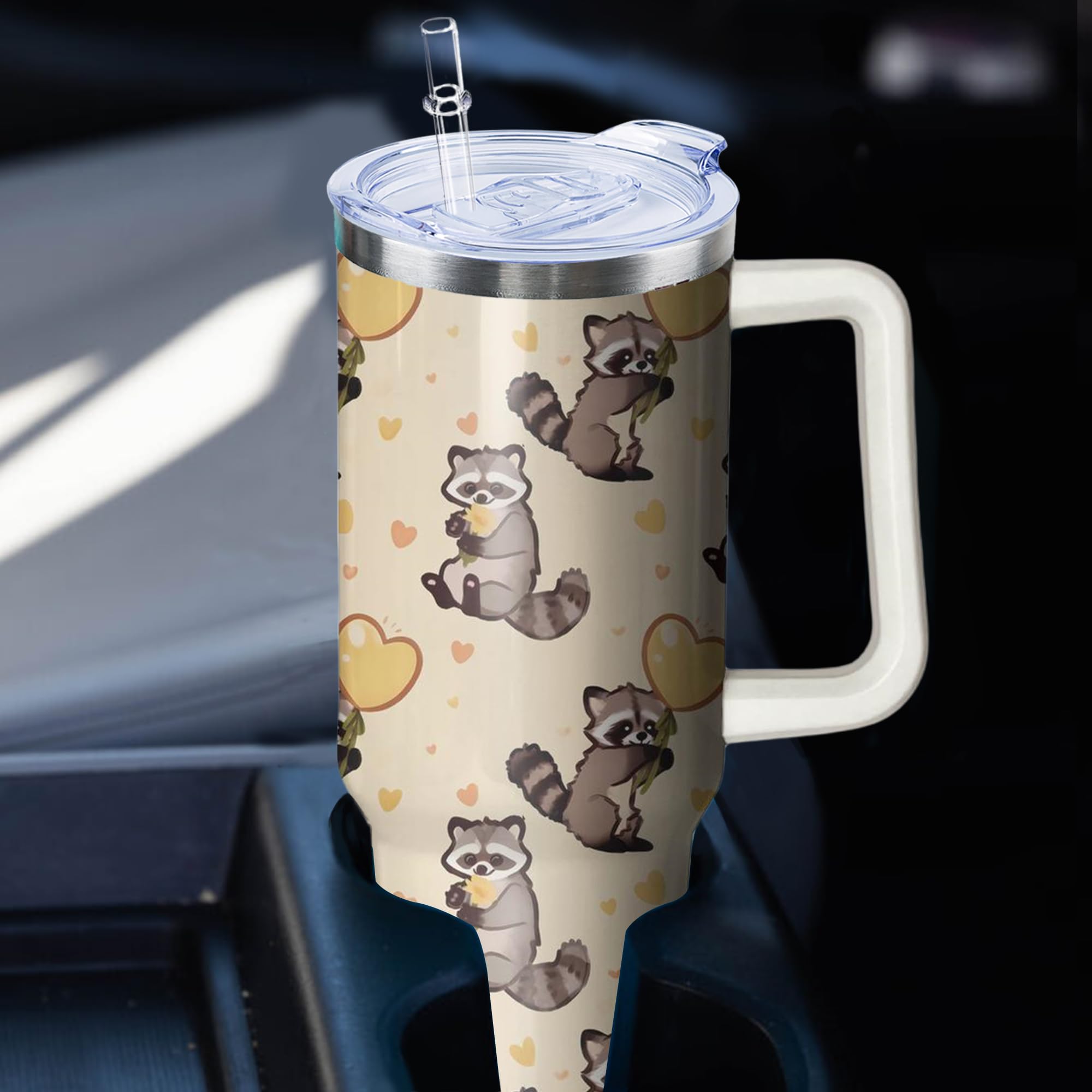 40Oz Raccoon Stainless Steel Tumbler With Handle And Straw, Dog Insulated Cup Travel Coffee Mug