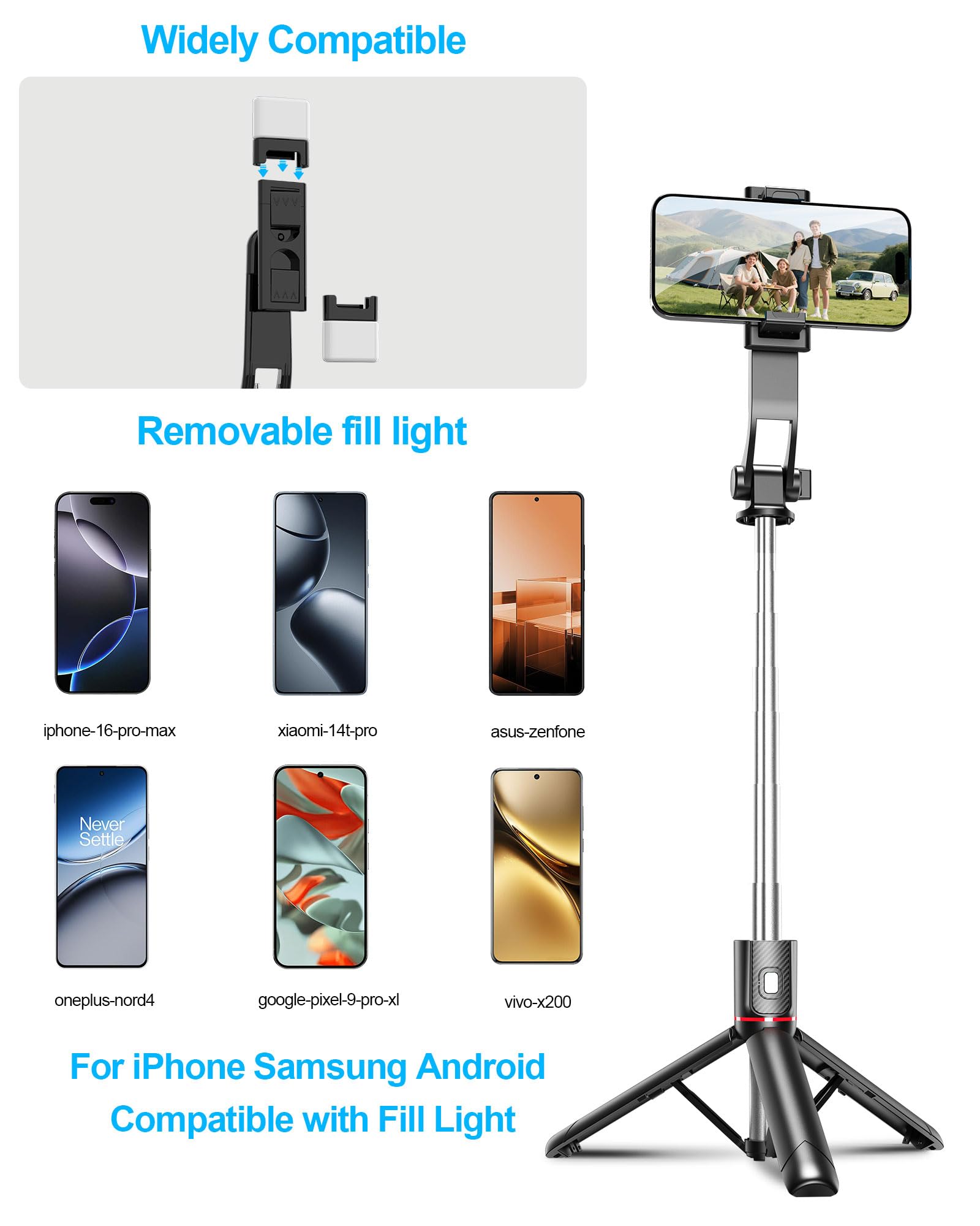 Fashion 40'' Selfie Stick Tripod, Cell Phone Tripod With Integrated Wireless Remote, Portable Selfie Stick For Iphone Video Recording, Lightweight Extendable Phone Stand For Iphone Android