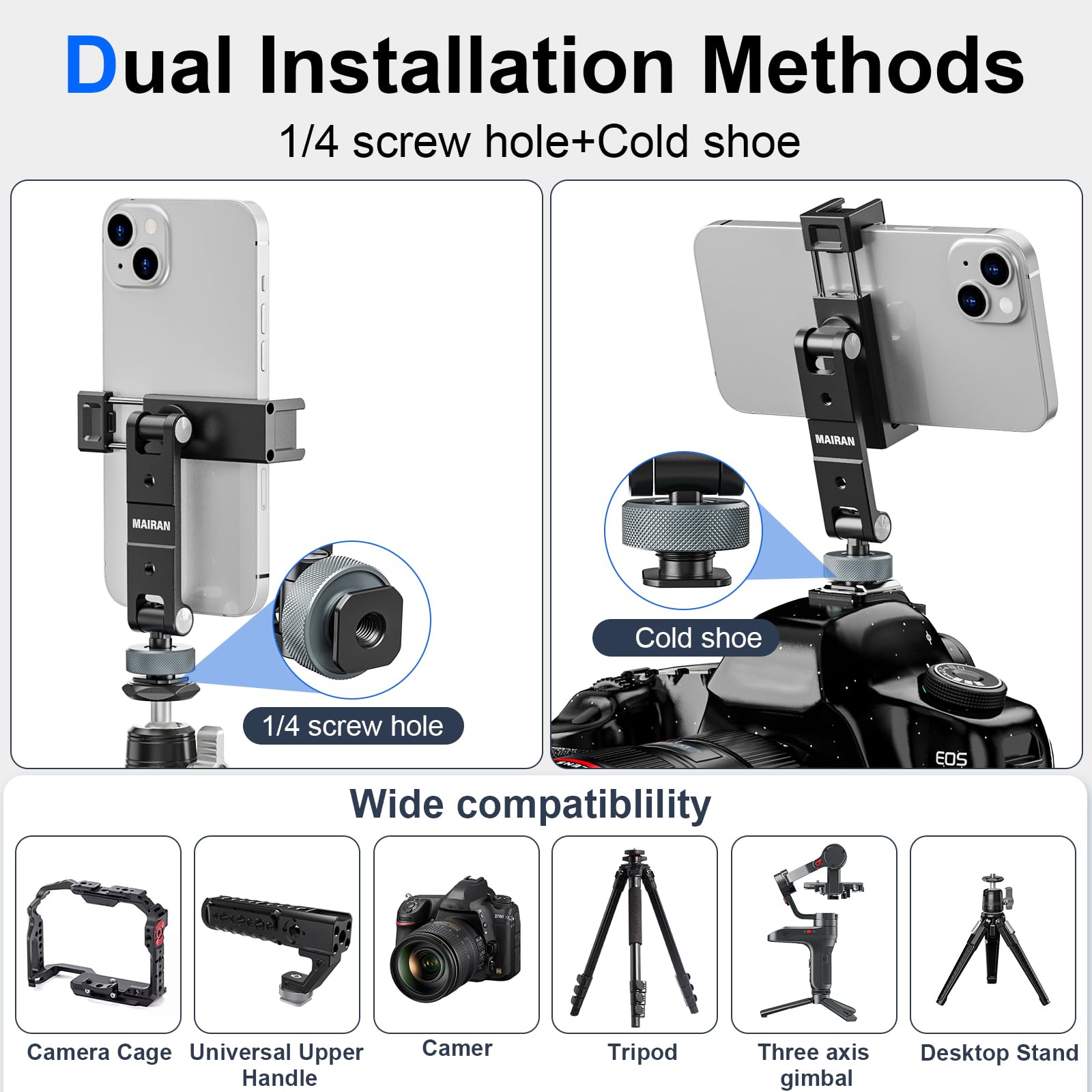 Mairan Metal Phone Tripod Mount Cell Phone Stand Holder With 3 Cold Shoes And 1/4" Screw Mounts Aluminum Smartphone Tripod Adapter With 360° Rotation 180° Tilt Angle For Desktop Tripod Video Live Streaming