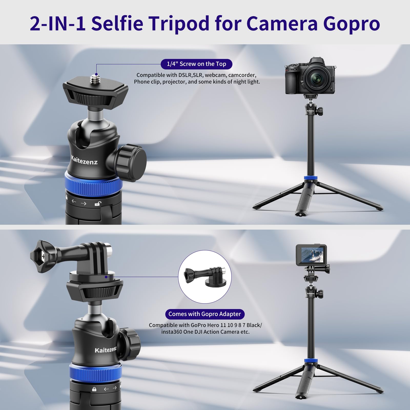 Kaitezenz Selfie Stick Tripod For Gopro Camera, 62" Extendable Tripod Stand With 360° Ball Head 1/4" Screw, Portable Lightweight Camera Tripod For Gopro Max Hero 11 10 9 8 7 6 5 Dji Osmo Action Camera