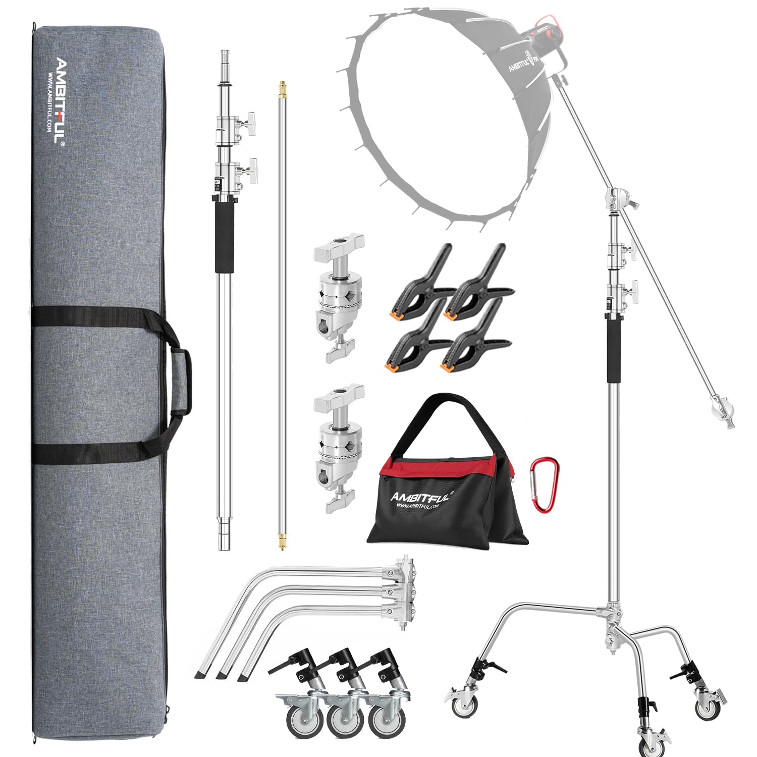 Ambitful Stainless Steel Heavy Duty C-Stand, 150 Cm - 320 Cm, Adjustable Photographic Sturdy Tripod With Wheels For Reflectors, Softboxes, Monolights, Heavy Duty Holding Arm