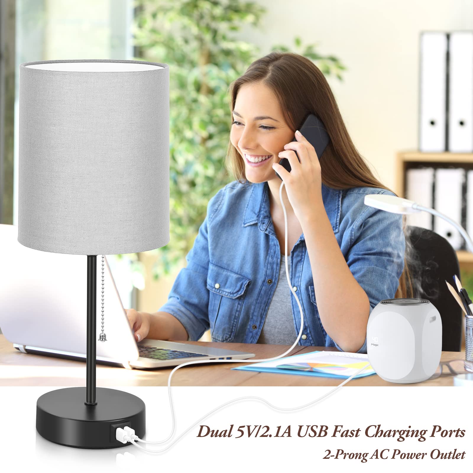 Bosceos Table Lamps Set Of 2 With Usb Charging Ports, Grey Bedside Lamps With Ac Outlet, Nightstand Lamps With Pull Chain Switch, Minimalist Modern Desk Lamps