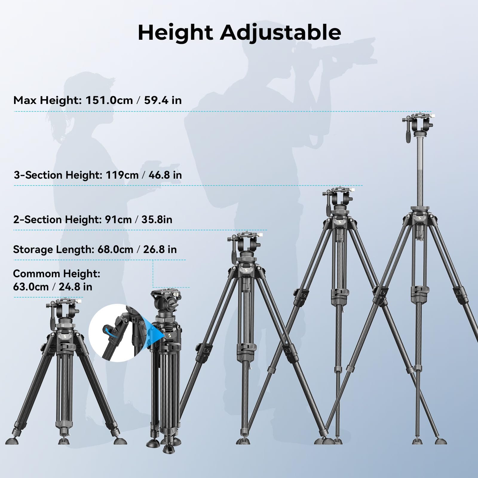 Smallrig Ad-50Pro Heavy Duty Video Tripod, Carbon Fiber Lightweight Tripod With speed One-Step Height Adjustment, Fluid Head, Dual-Mode Qr Plate, Center Column, Weight 7Lb, Load Up 13.2Lb-4420