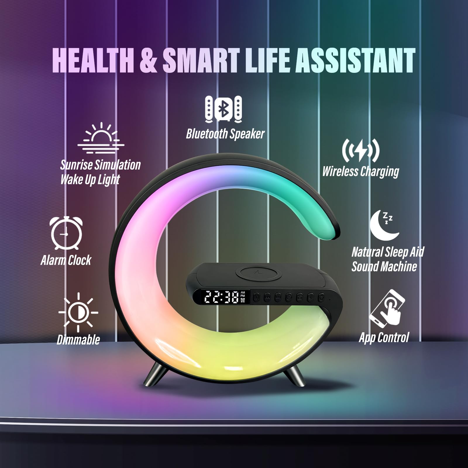 Domigard Smart Led Table Lamp,4 In 1 Night Light,Wireless Charger,Alarm Clock And Bluetooth Speaker With App Control Color Changing Lamp For Bedroom, Office, And Home Decor (Black)