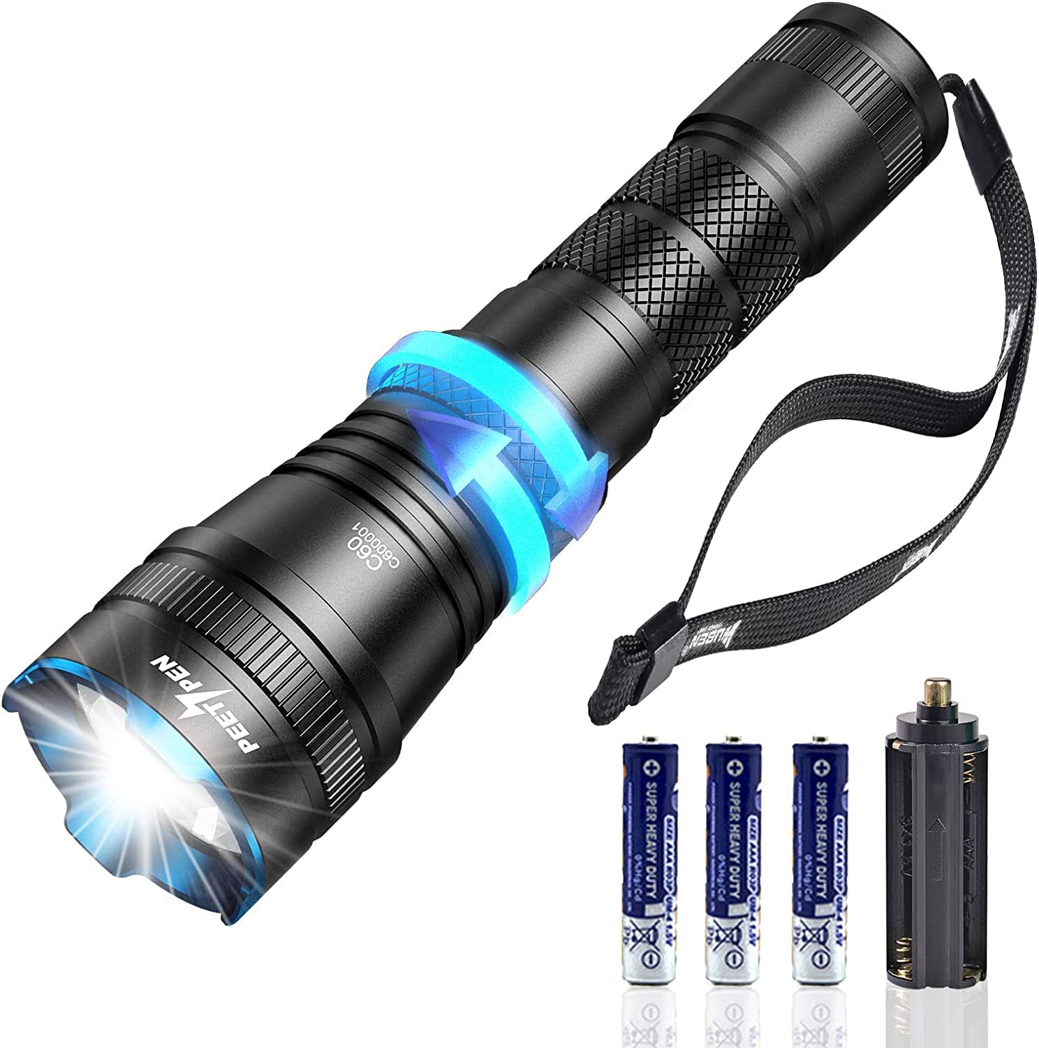 Peetpen C60 Super Bright Flashlight Zoomable, Led Flashlight Ipx6 Waterproof, Rechargeable Utility Flash Light, Suitable For Camping, Hiking, Night Riding, Home Emergency