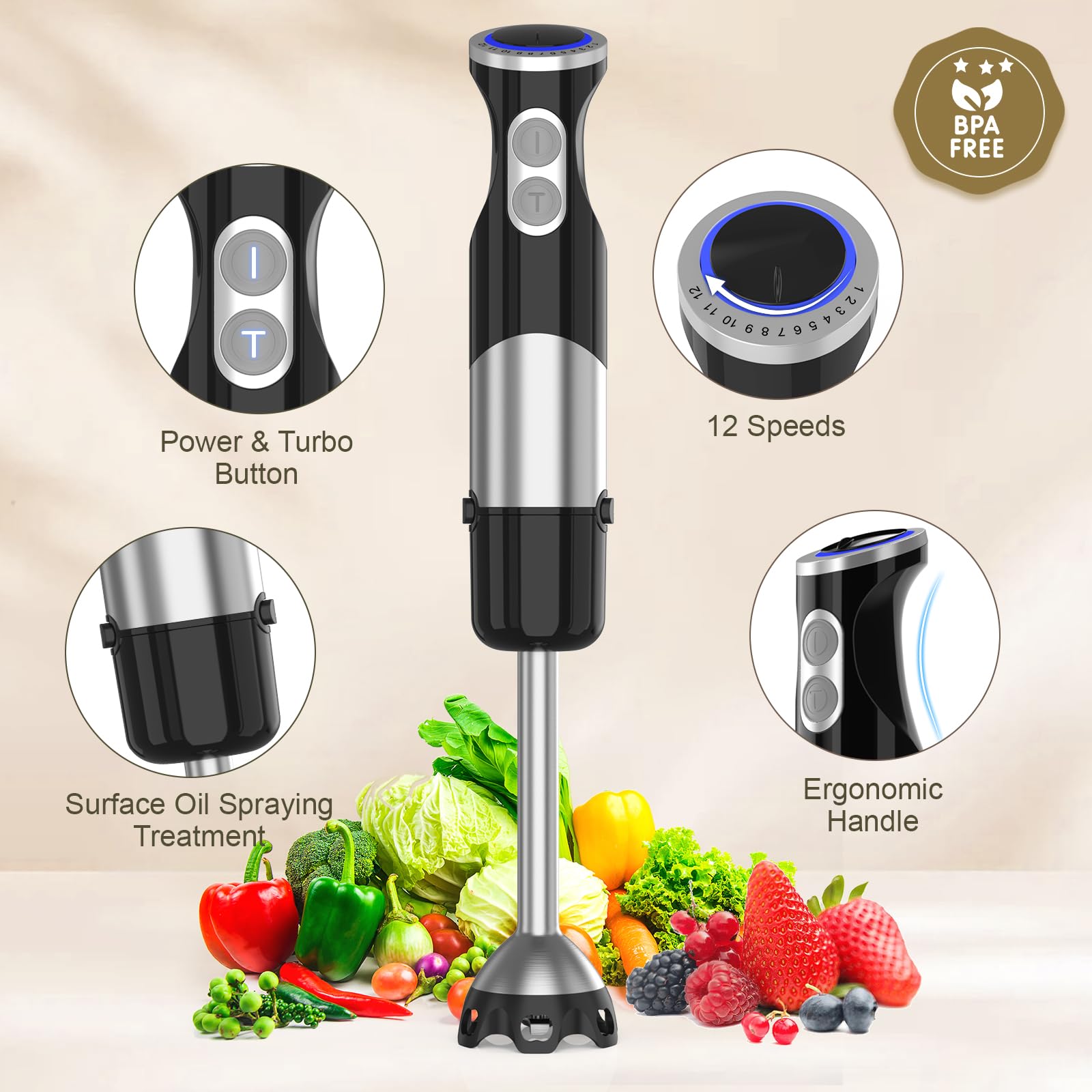 Ceukoz Immersion Blender Handheld 5 In 1-1100W Scratch Resistant Blender Stick, 12 Speed And Turbo Boost Hand Blender With Chopper Beaker Whisk And Milk Frother For Milkshake Puree Smoothie Food