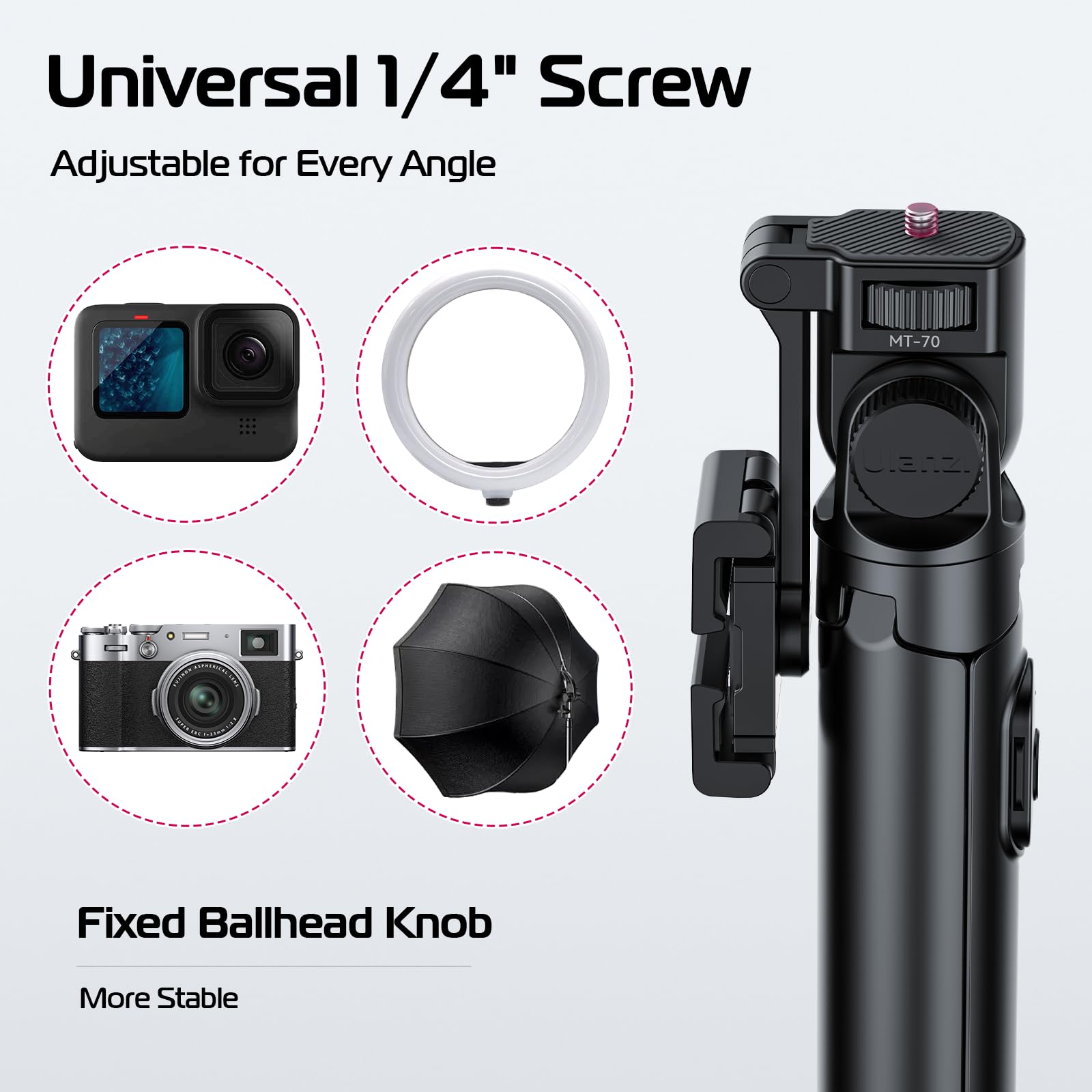 Ulanzi Mt-70 Extendable Phone Tripod, 63"" Selfie Stick Phone Vlog Tripod Stand With 2 Phone Clip, 360° Rotate Dual Camera Tripod For Iphone Sony Canon Gopro, Lightweight For Travel, Black