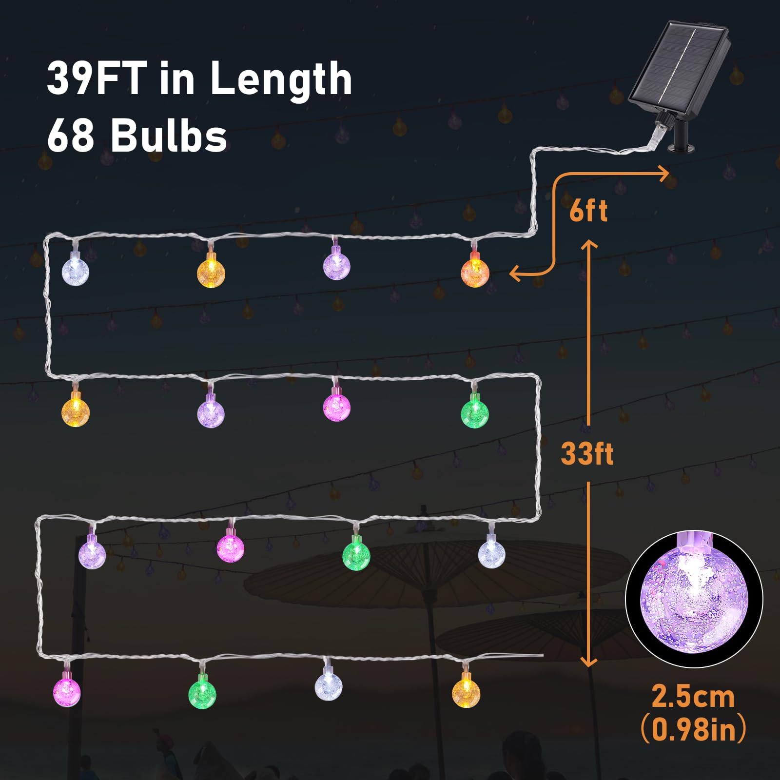 Ycoisini Solar String Lights Outside, 39Ft Color Changing Indoor/Outdoor Solar Lights Patio Lights With 68 Bulbs, Waterproof Crystal Globe Lights With Type-C Charging Port And Remote Control