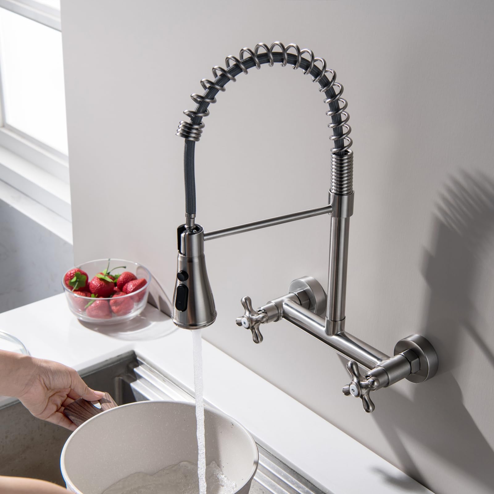 Beiyi Wall Mount Kitchen Faucet, Wall Mounted 8 Inches Center Kitchen Sink Faucet With 3 Functions Sprayer Wall Kitchen Faucets, Brushed Nickel