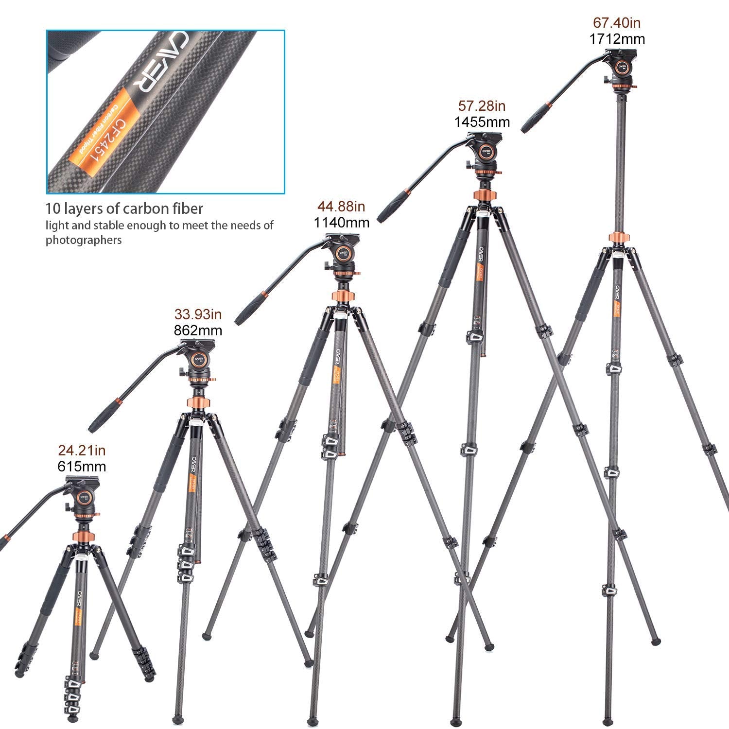 Cayer Cf2451 Carbon Fiber 67 Inches Professional Video Tripod Kit With Sv5 Monopod Feet